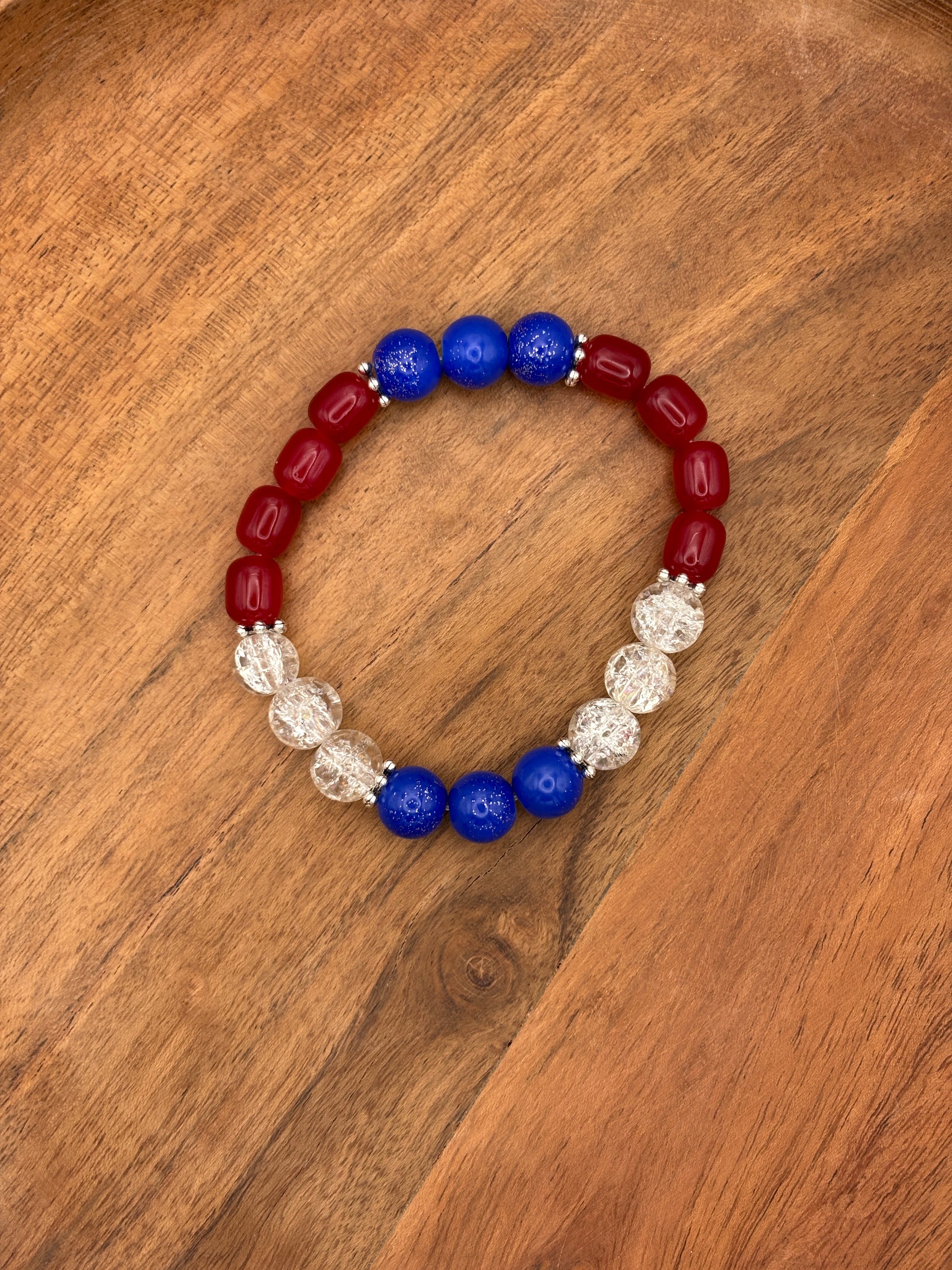 Red, White & Blue  Handmade Glass Beaded Stretch Bracelet - 6