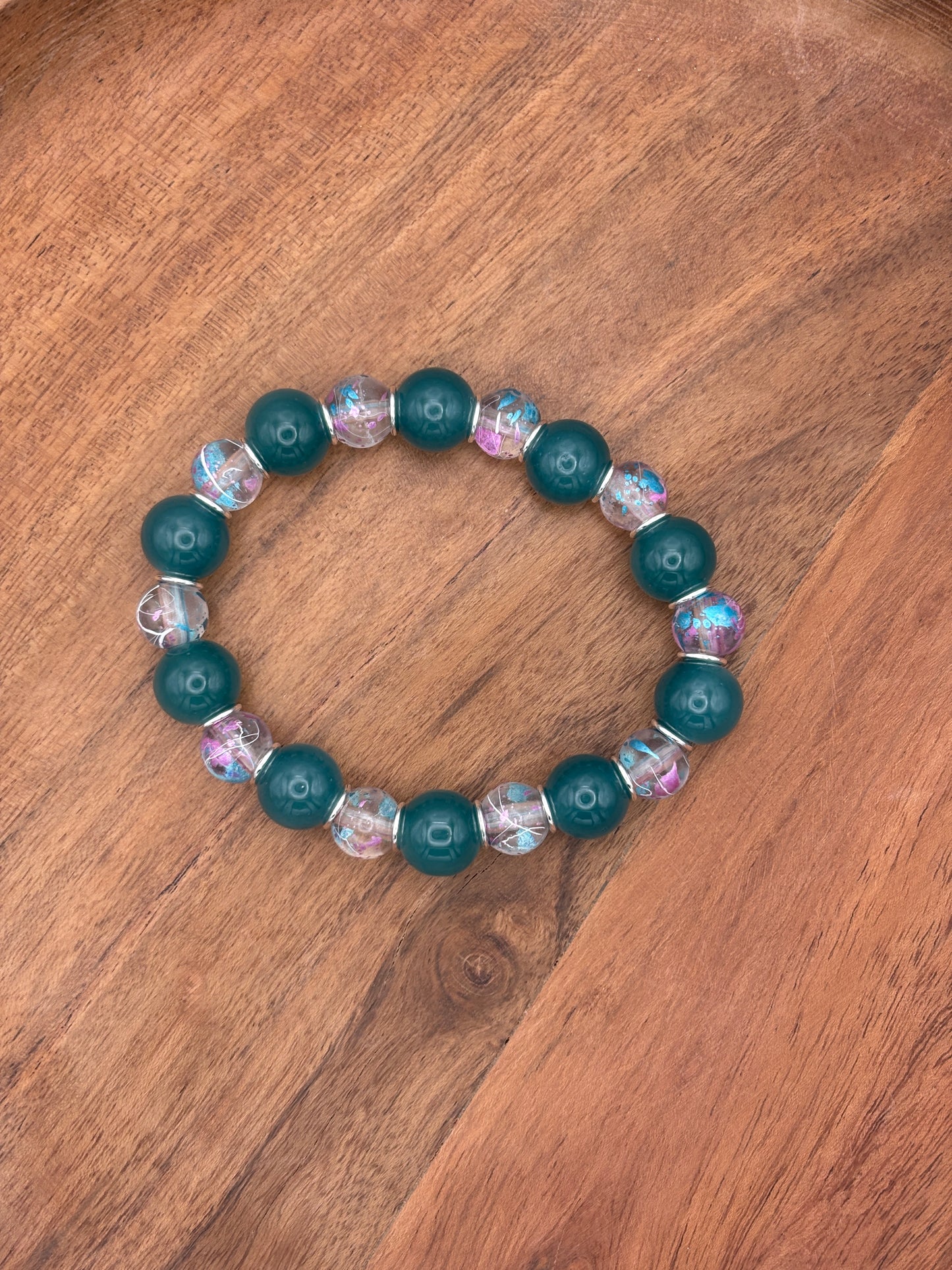 "Teal Jelly Artist" - Handmade Glass Beaded Stretch Bracelet