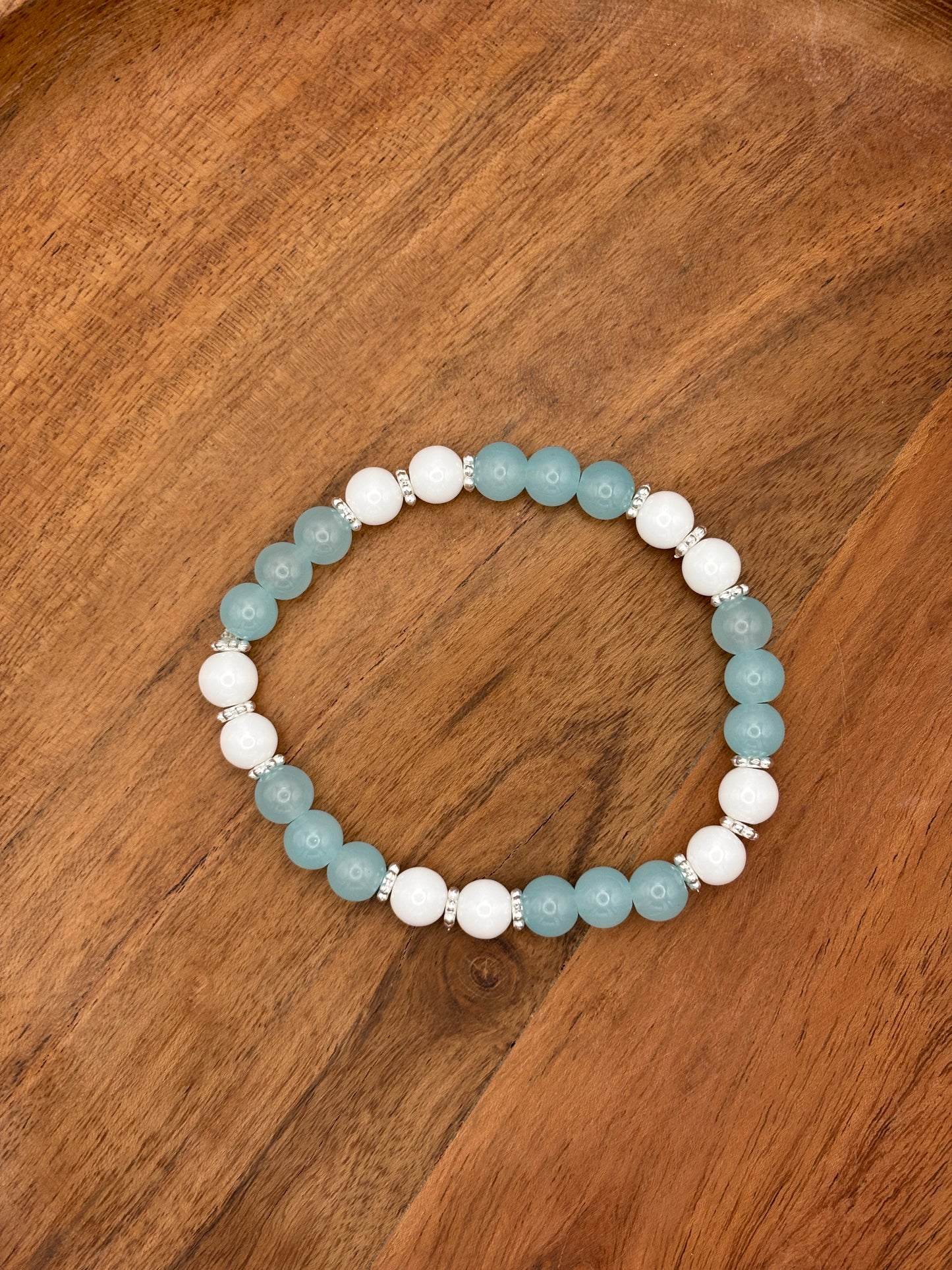 "Aqua White" - Handmade Glass Beaded Stretch Bracelet