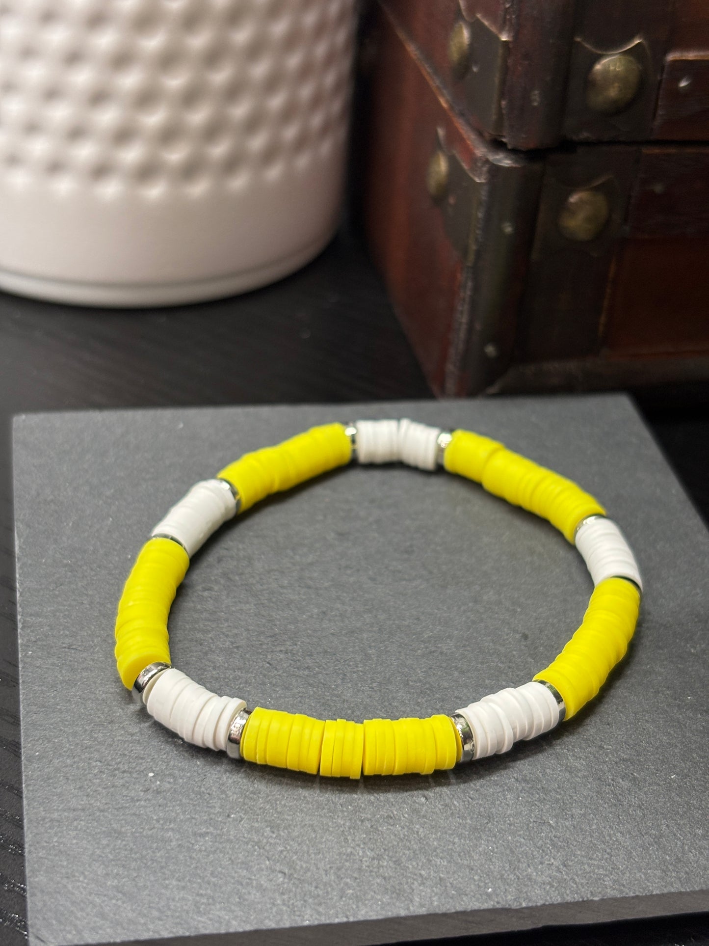 "Silver Sunrise" - Handmade Clay Heishi Bead Stretch Bracelet