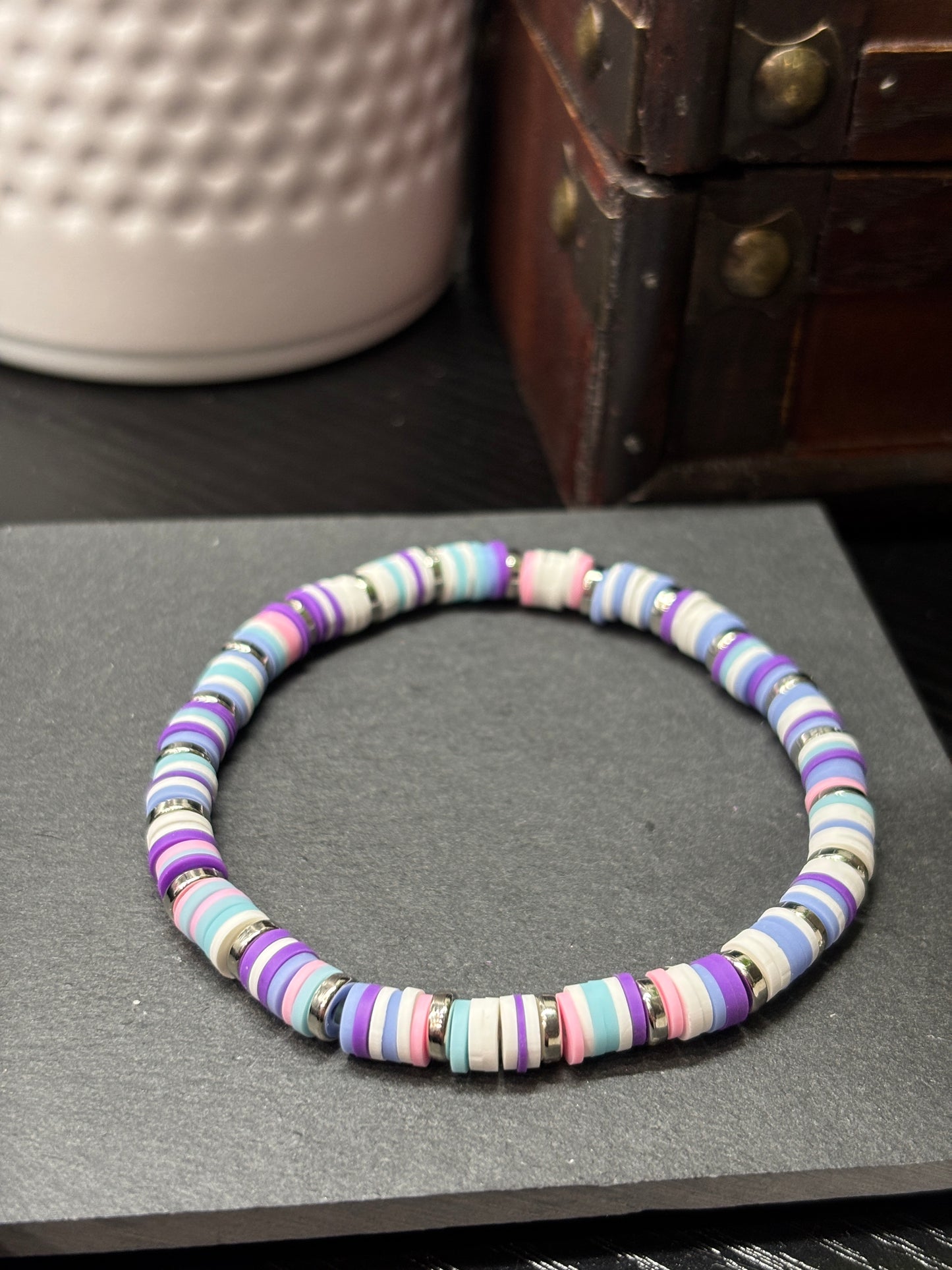 "Lavender Skies" - Handmade Clay Heishi Bead Stretch Bracelet