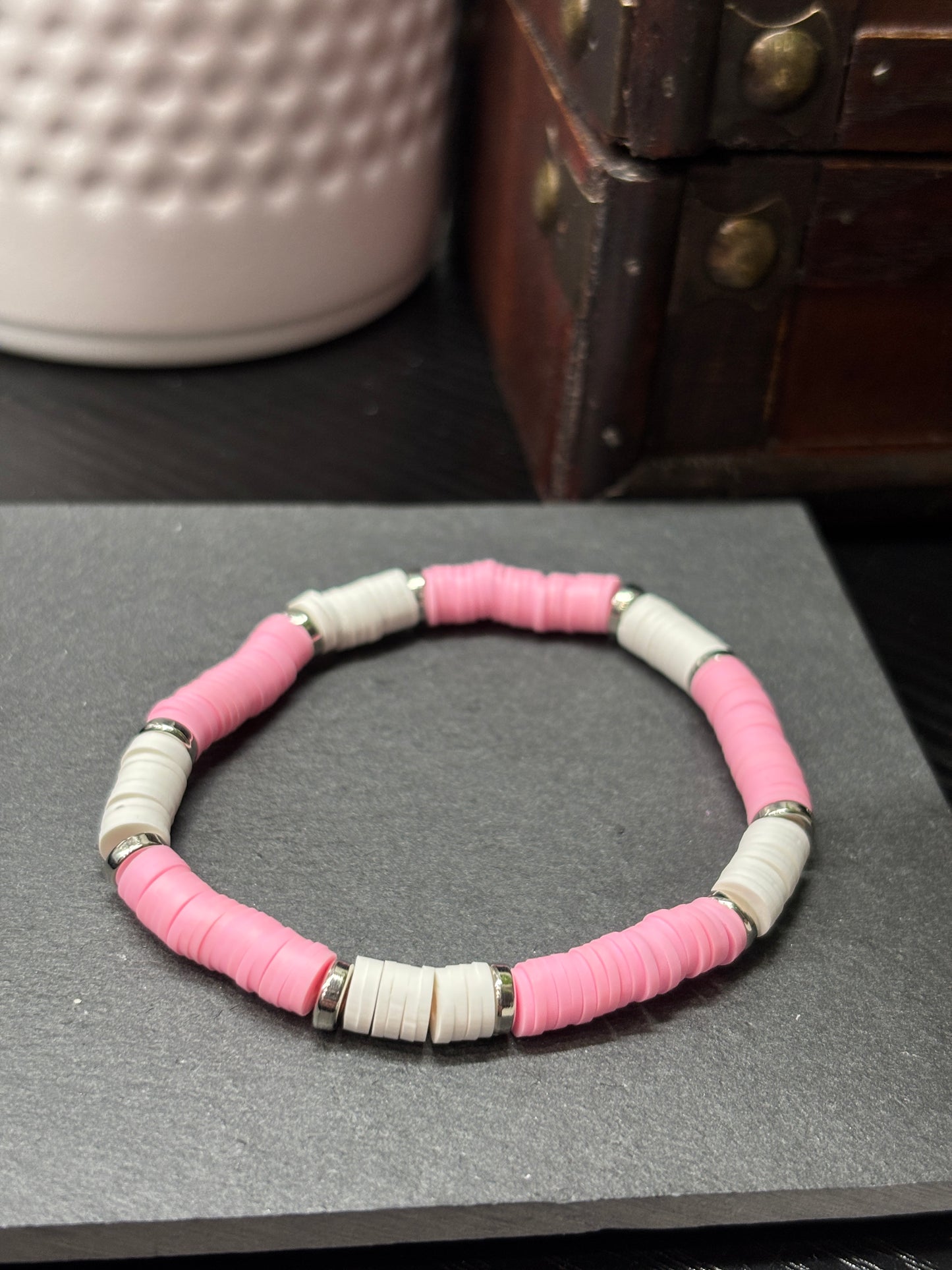 "Pink Halo" - Handmade Clay Heishi Bead Stretch Bracelet