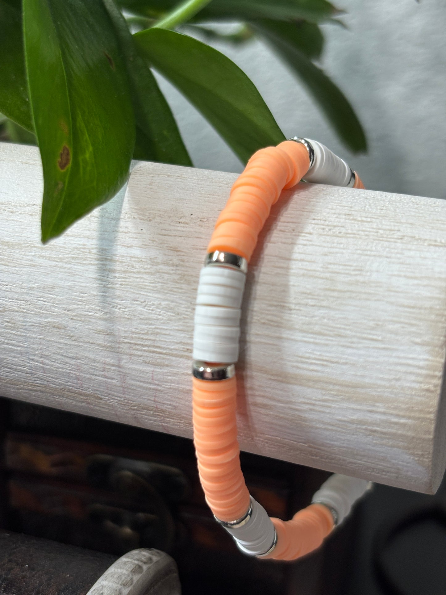 Peach Blossom Handmade Clay Heishi Bead Stretch Bracelet - 2