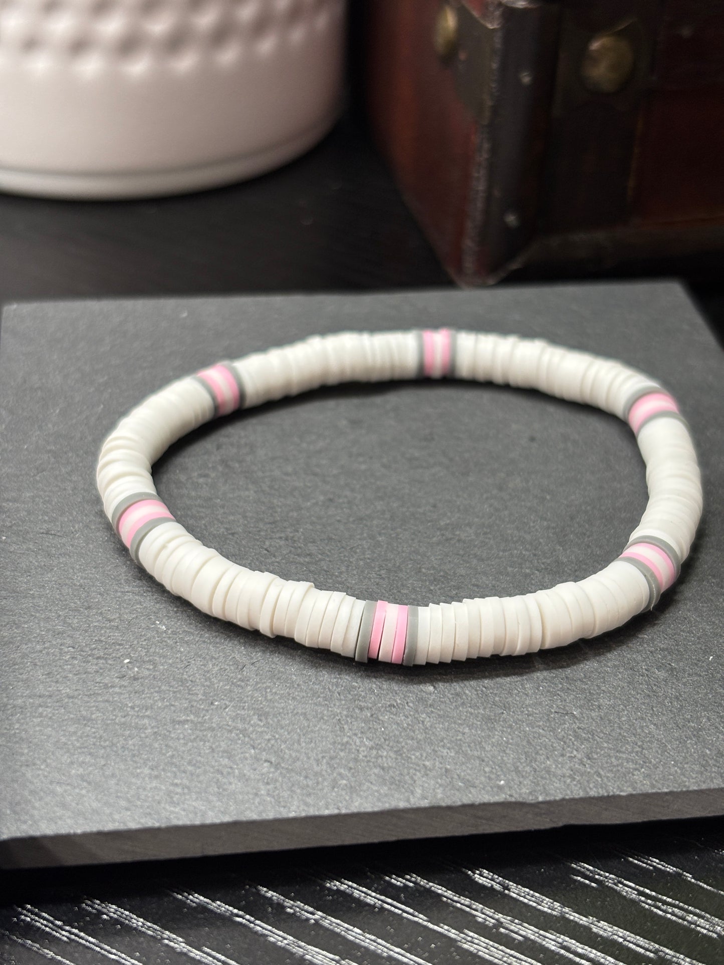 "Rosy Fog" - Handmade Clay Heishi Bead Stretch Bracelet