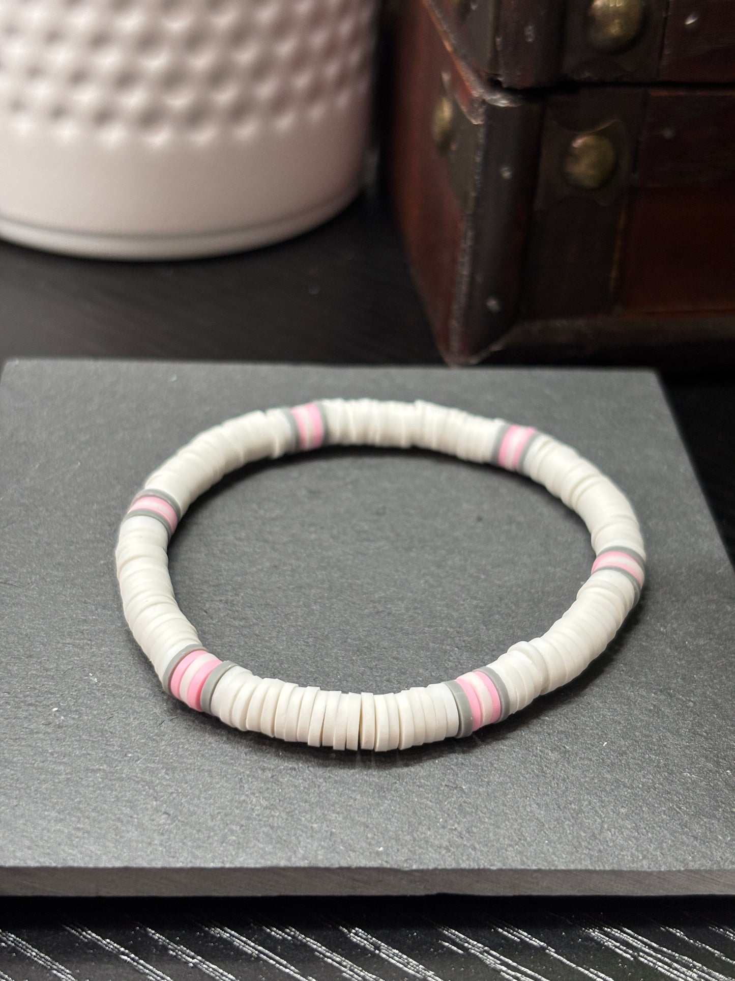 "Rosy Fog" - Handmade Clay Heishi Bead Stretch Bracelet