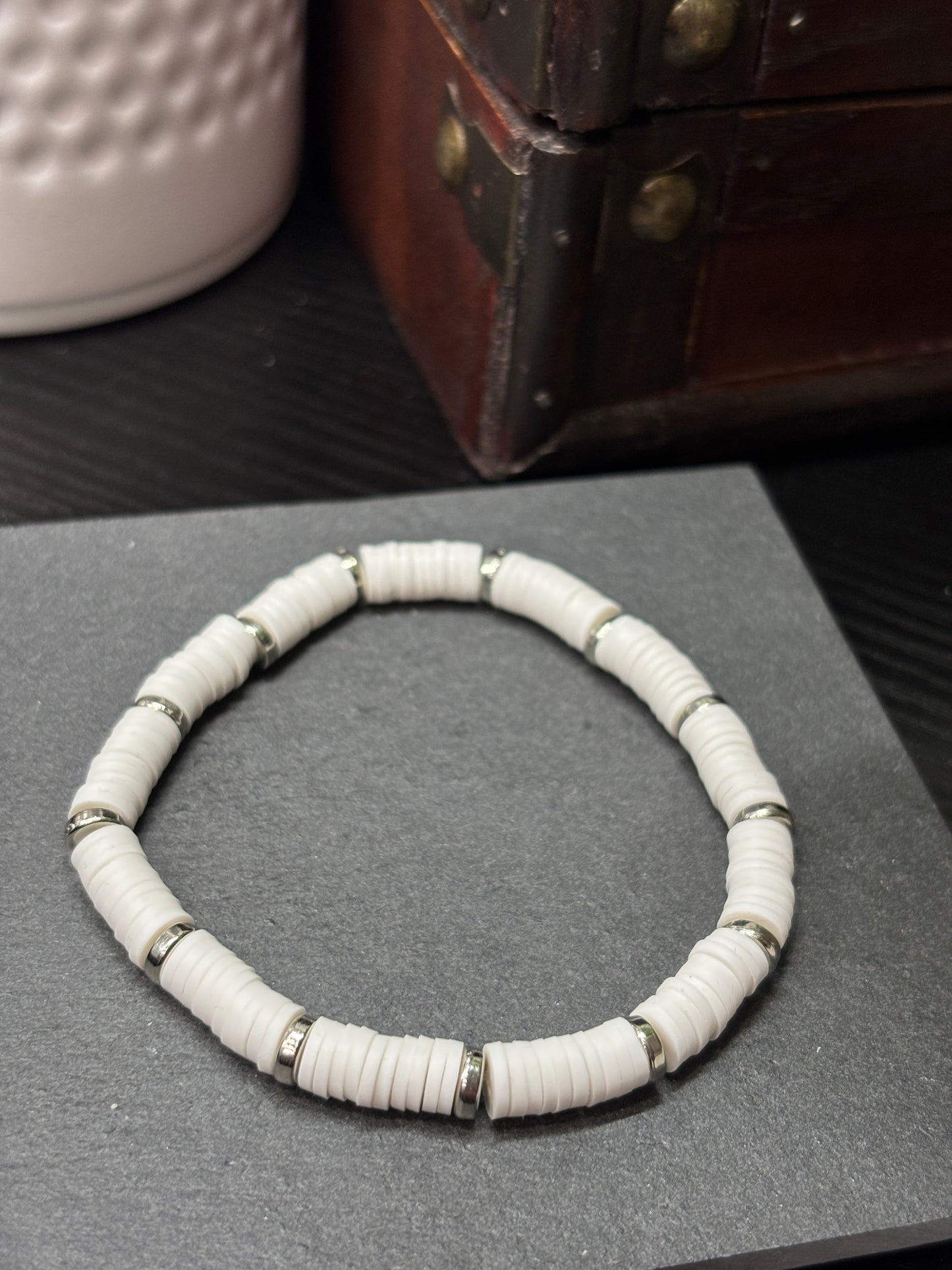 "Silver Lining" - Handmade Clay Heishi Bead Stretch Bracelet