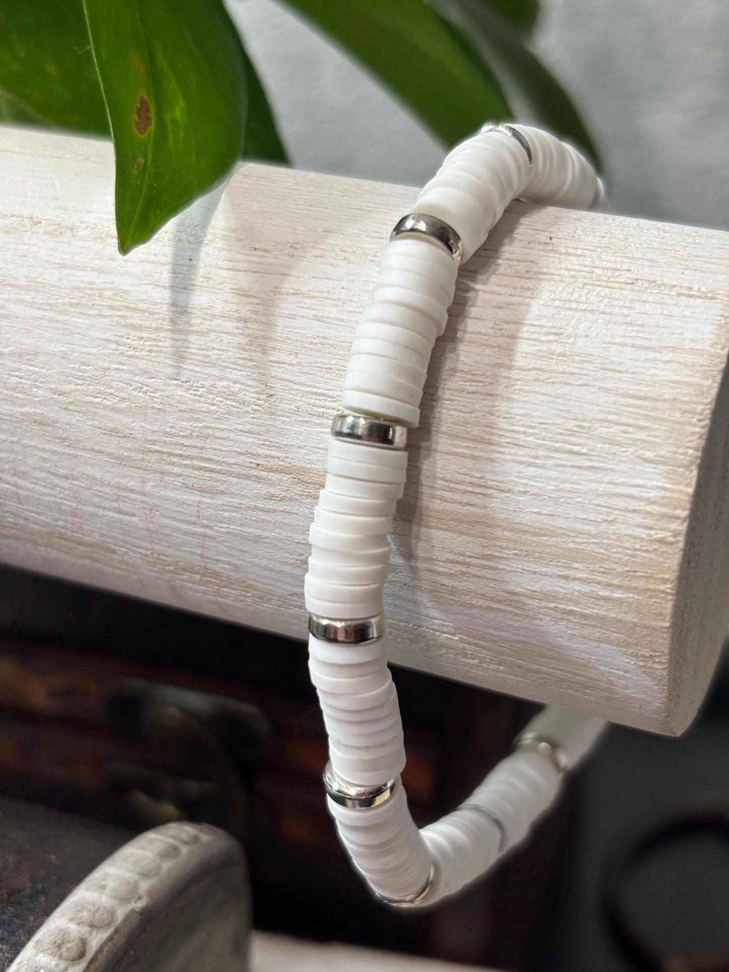 "Silver Lining" - Handmade Clay Heishi Bead Stretch Bracelet