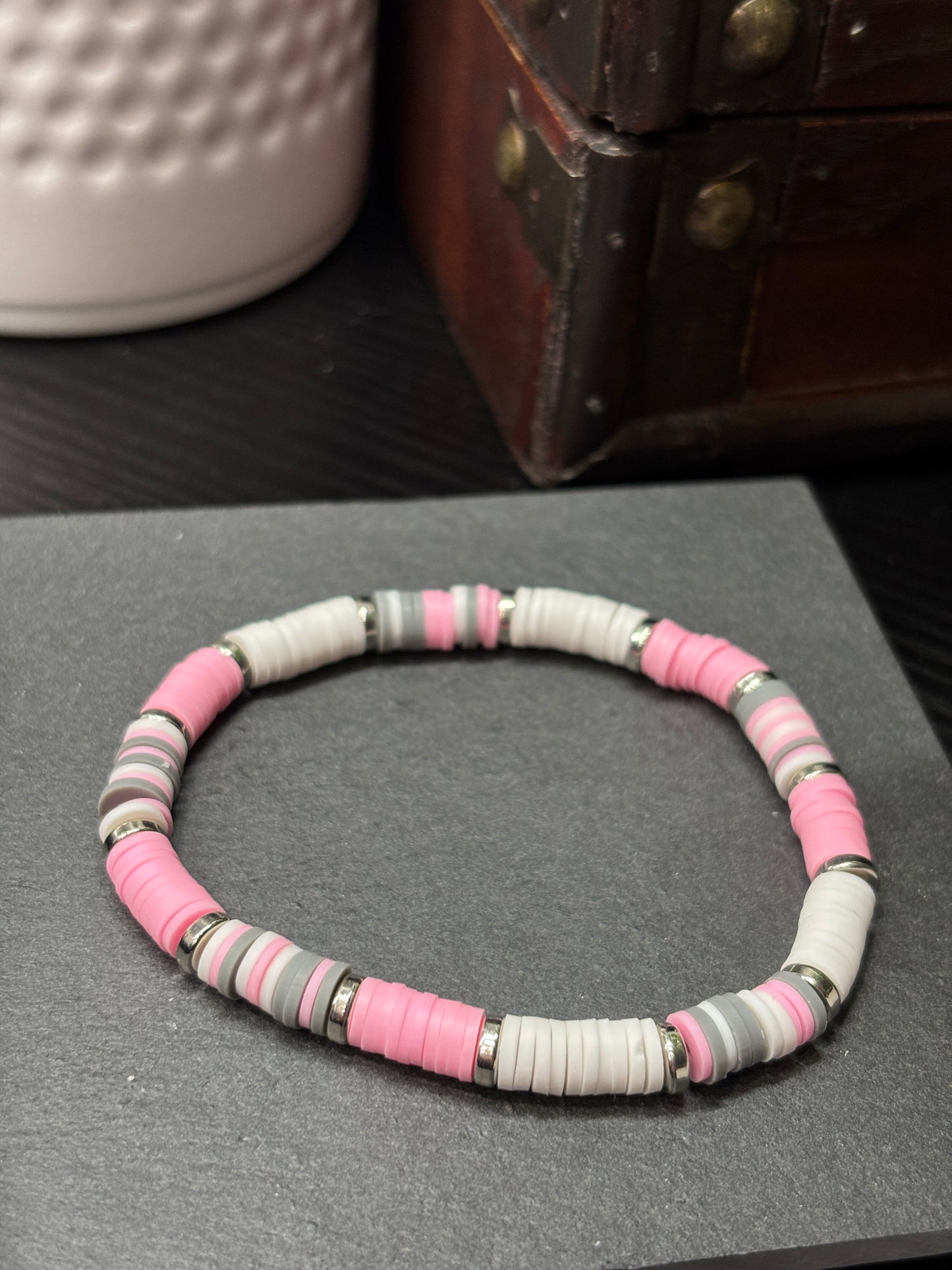 "Pink Drift" - Handmade Clay Heishi Bead Stretch Bracelet