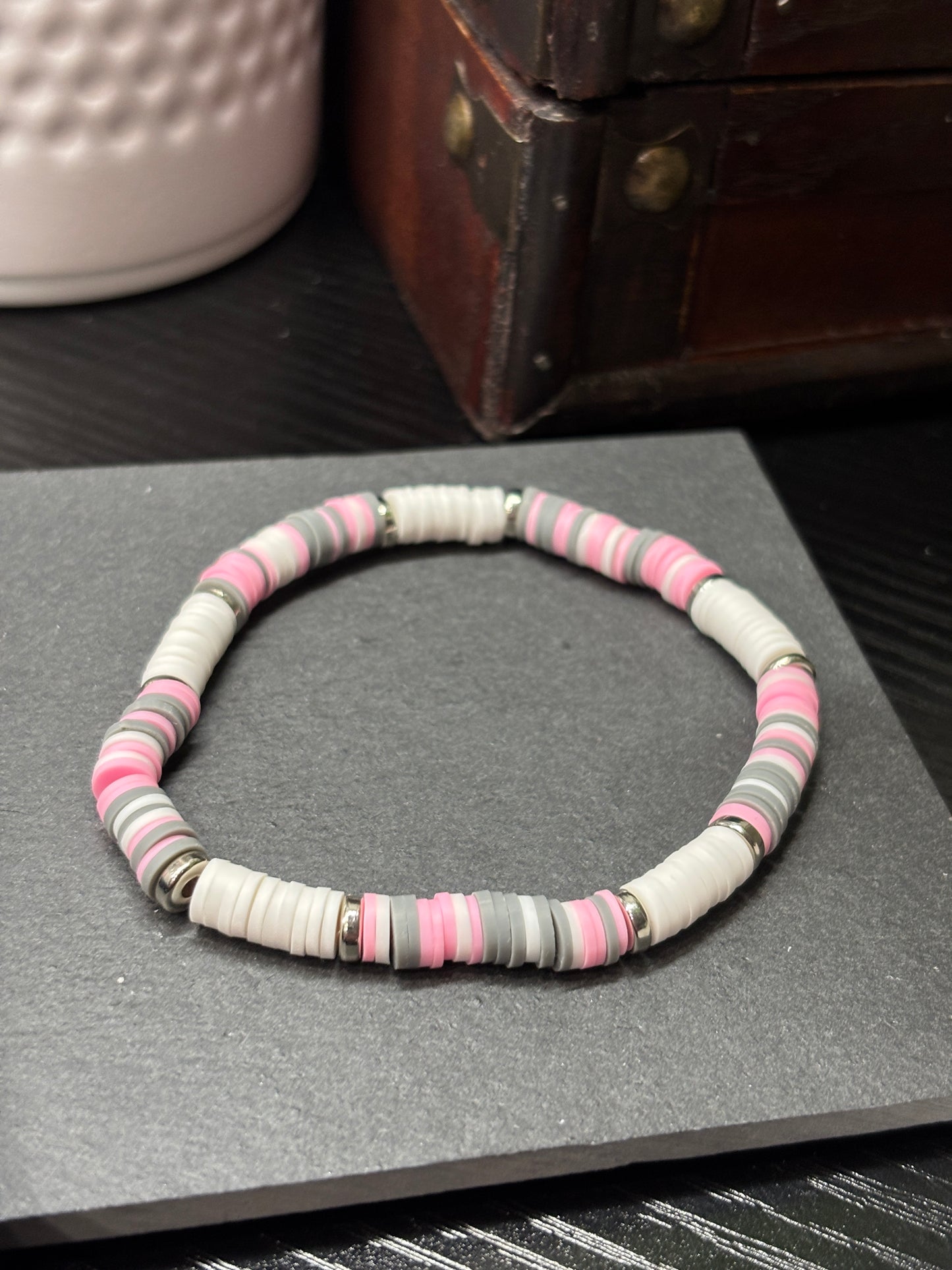 "Frosted Petal" - Handmade Clay Heishi Bead Stretch Bracelet