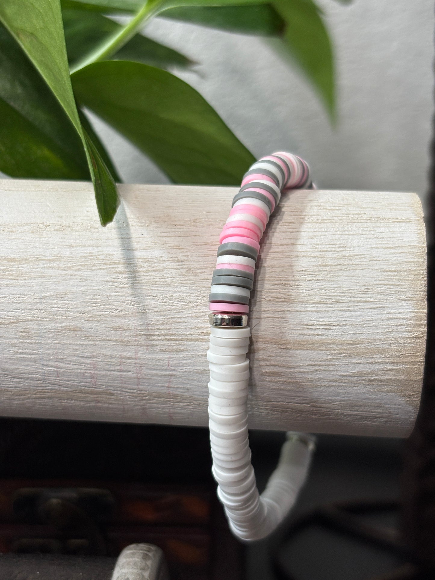 "Blush & Slate" - Handmade Clay Heishi Bead Stretch Bracelet