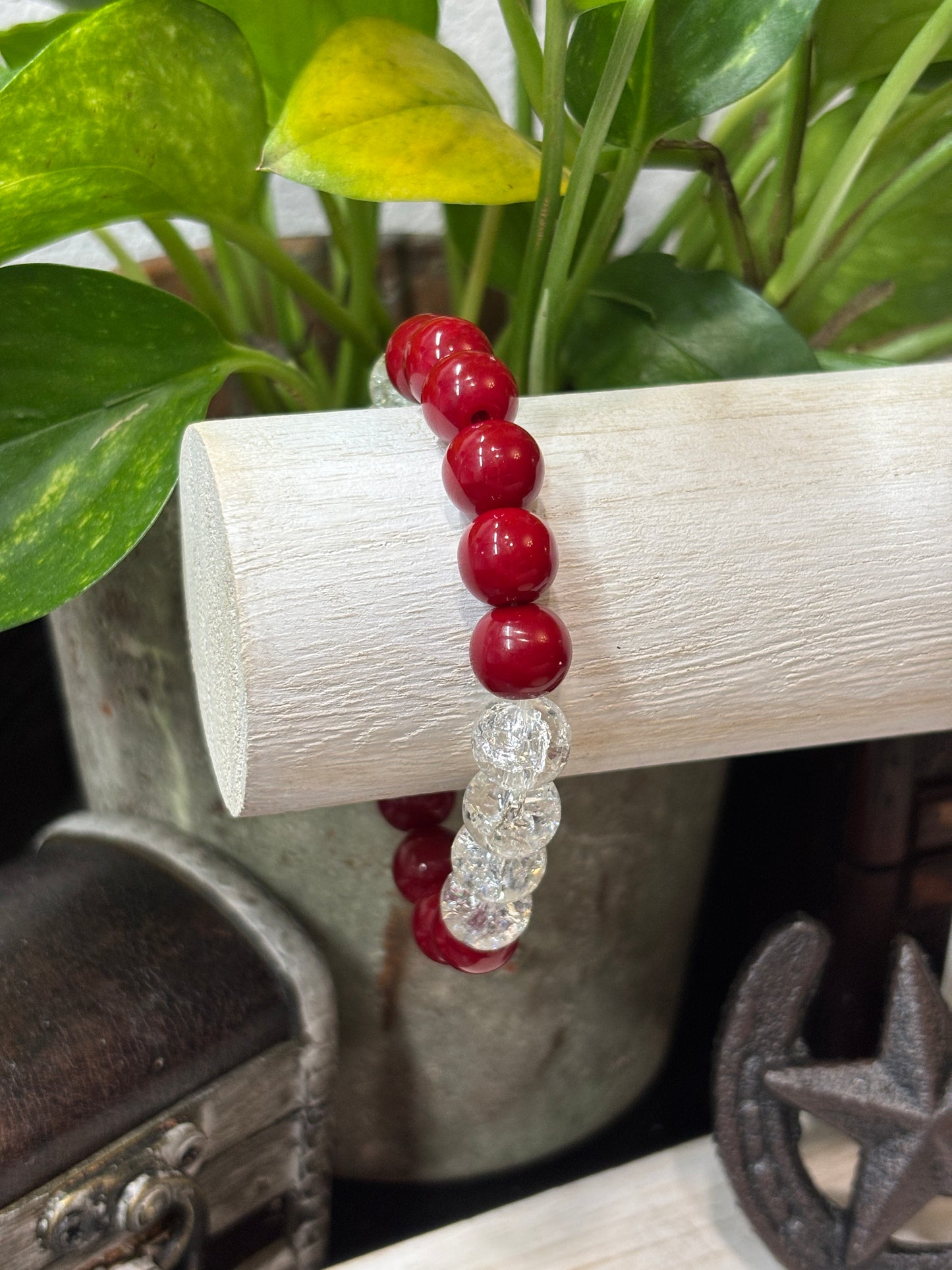 "Red & White" - Handmade Glass Beaded Stretch Bracelet