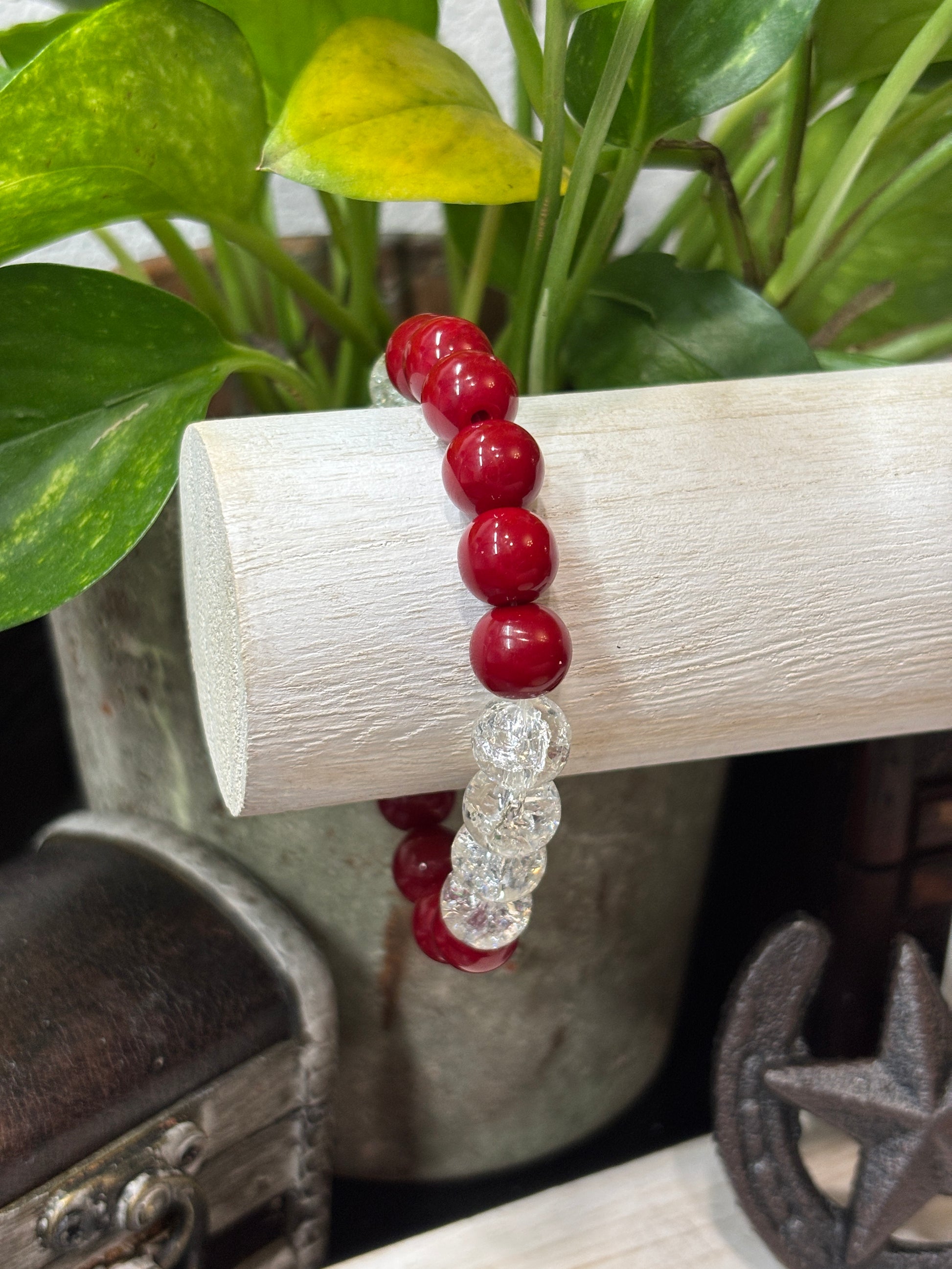 Red & White  Handmade Glass Beaded Stretch Bracelet - 3