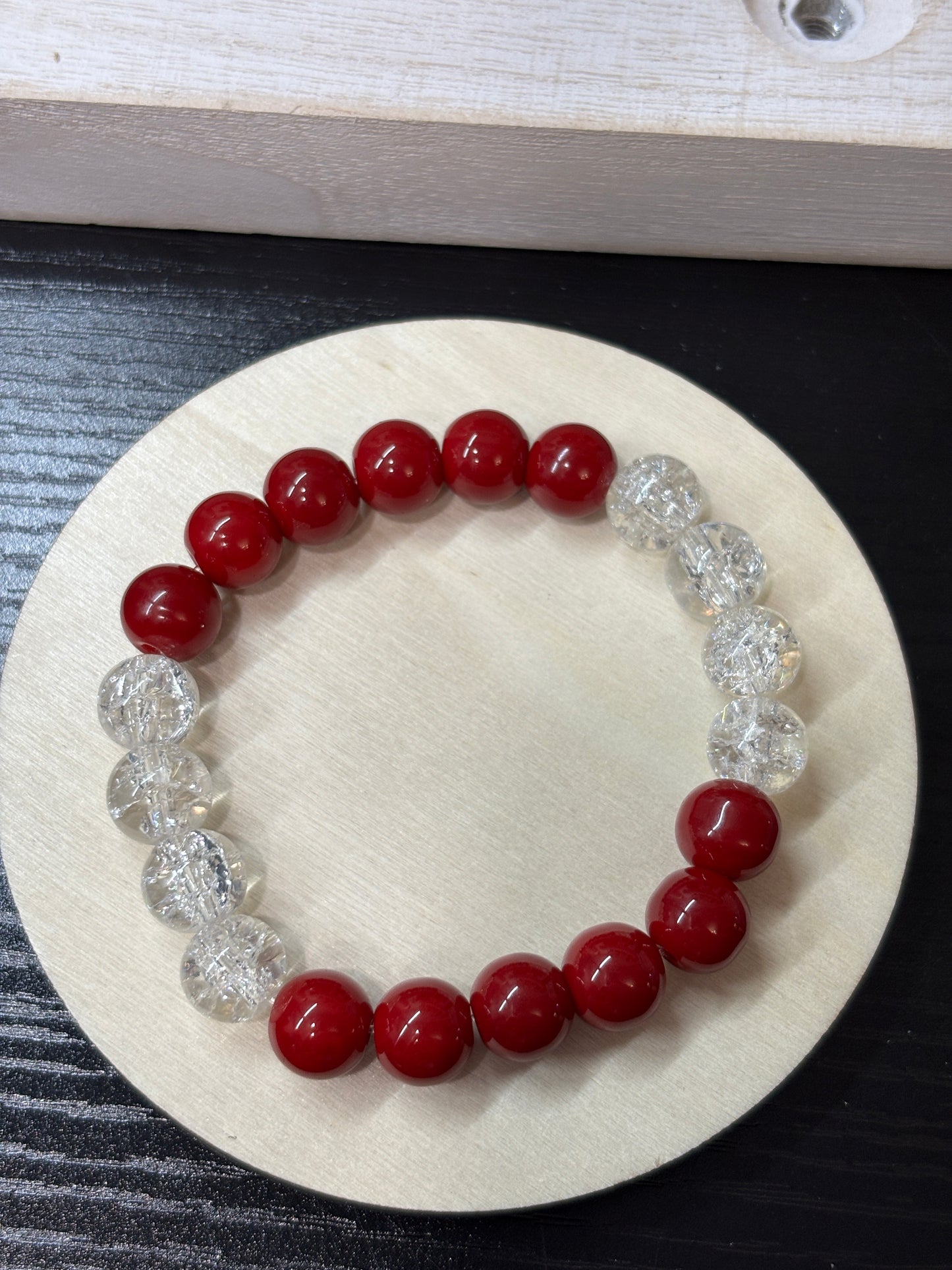 "Red & White" - Handmade Glass Beaded Stretch Bracelet