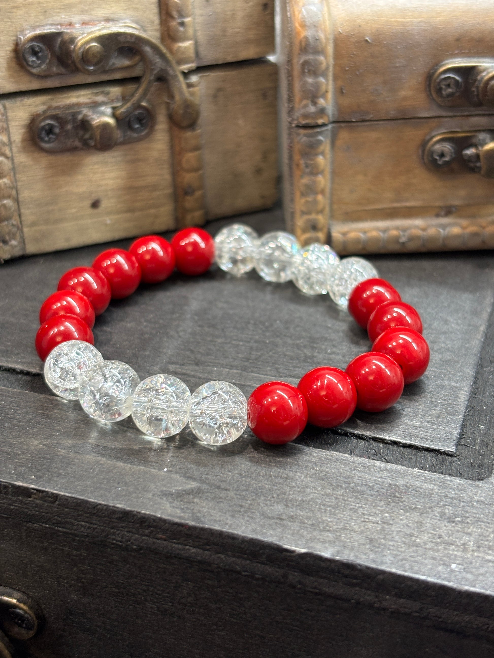 Red & White  Handmade Glass Beaded Stretch Bracelet - 1