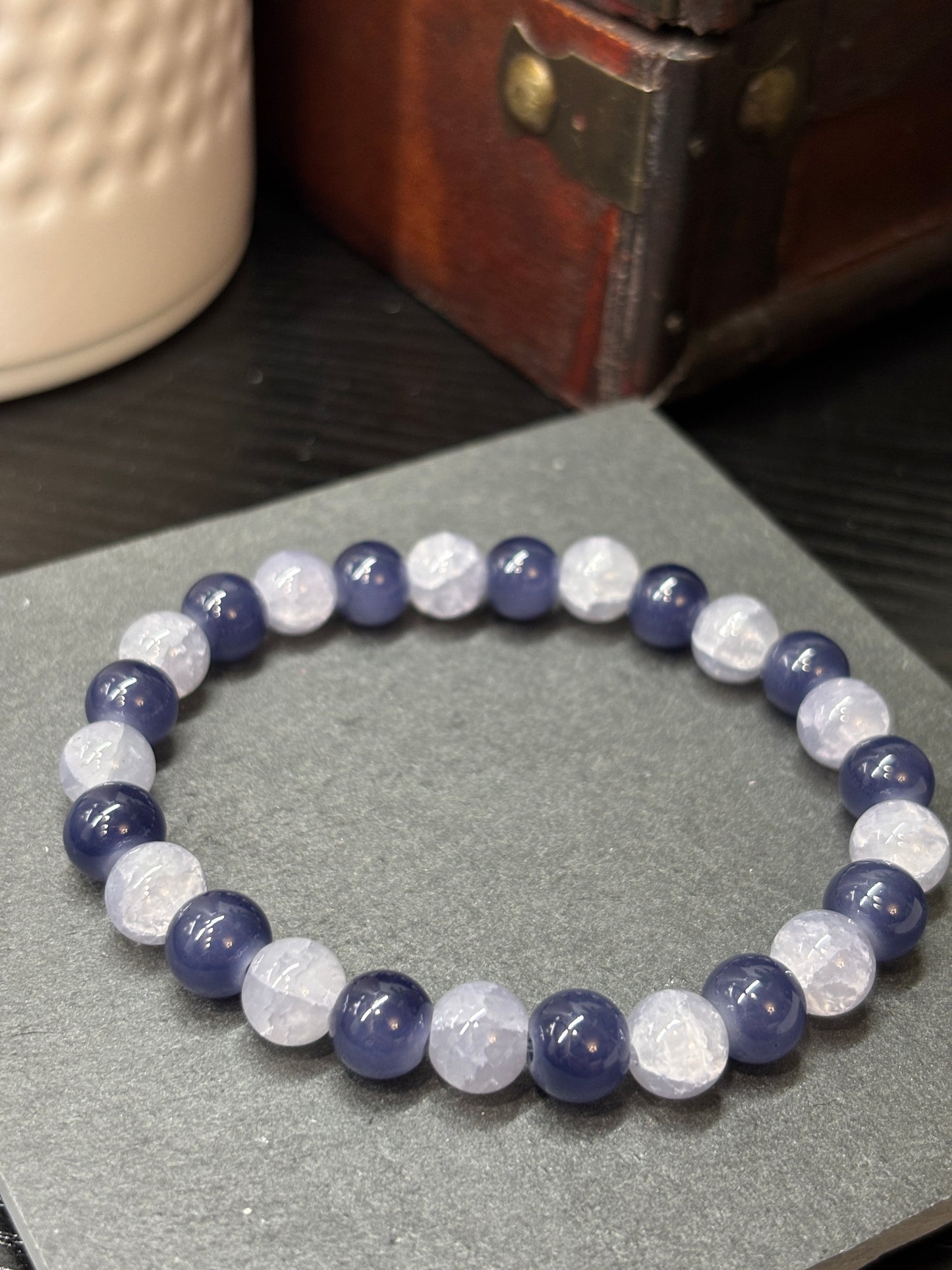 "Stormy Blue" - Handmade Glass Beaded Stretch Bracelet