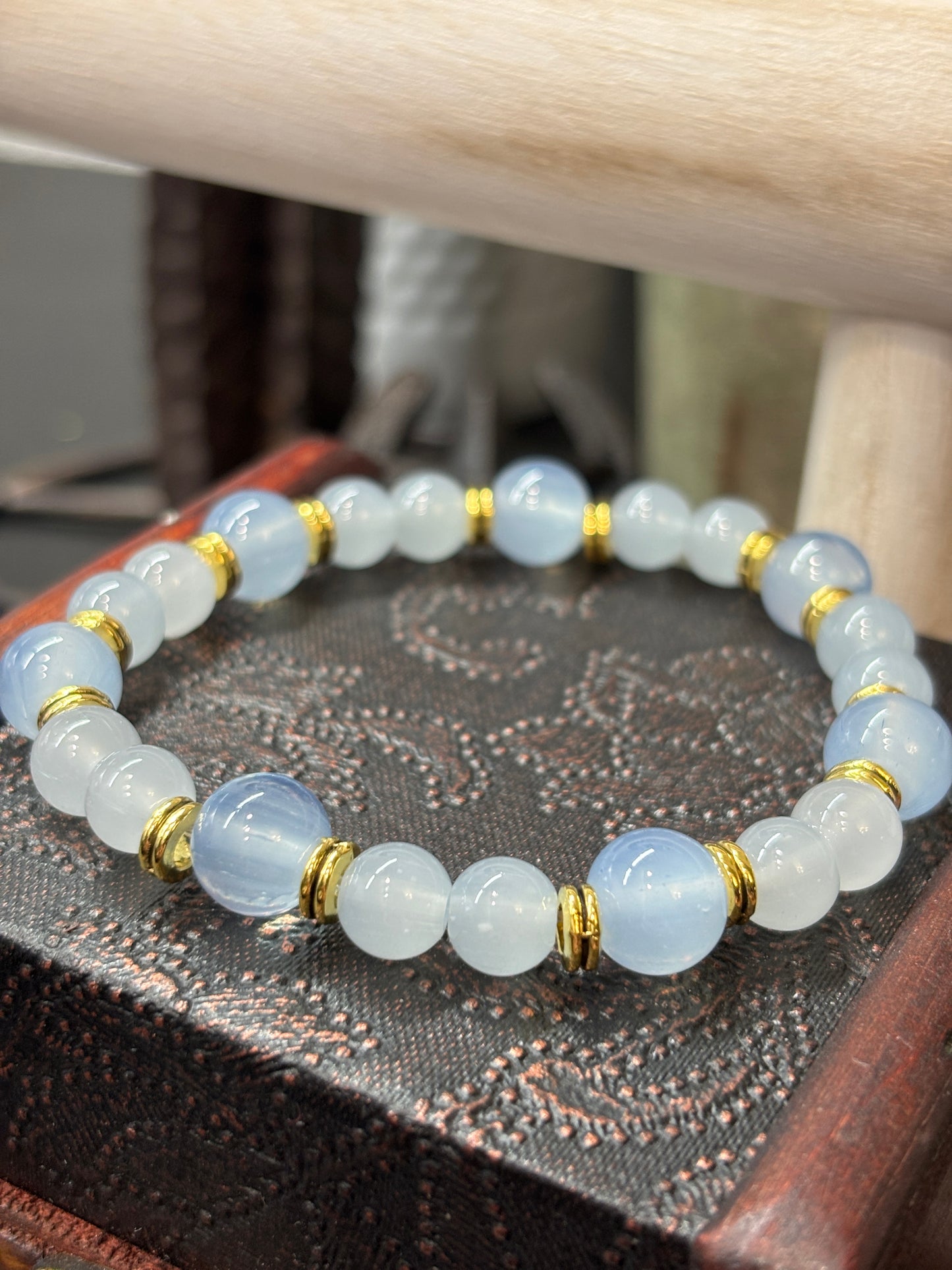 "Golden Blue" - Handmade Glass Beaded Stretch Bracelet