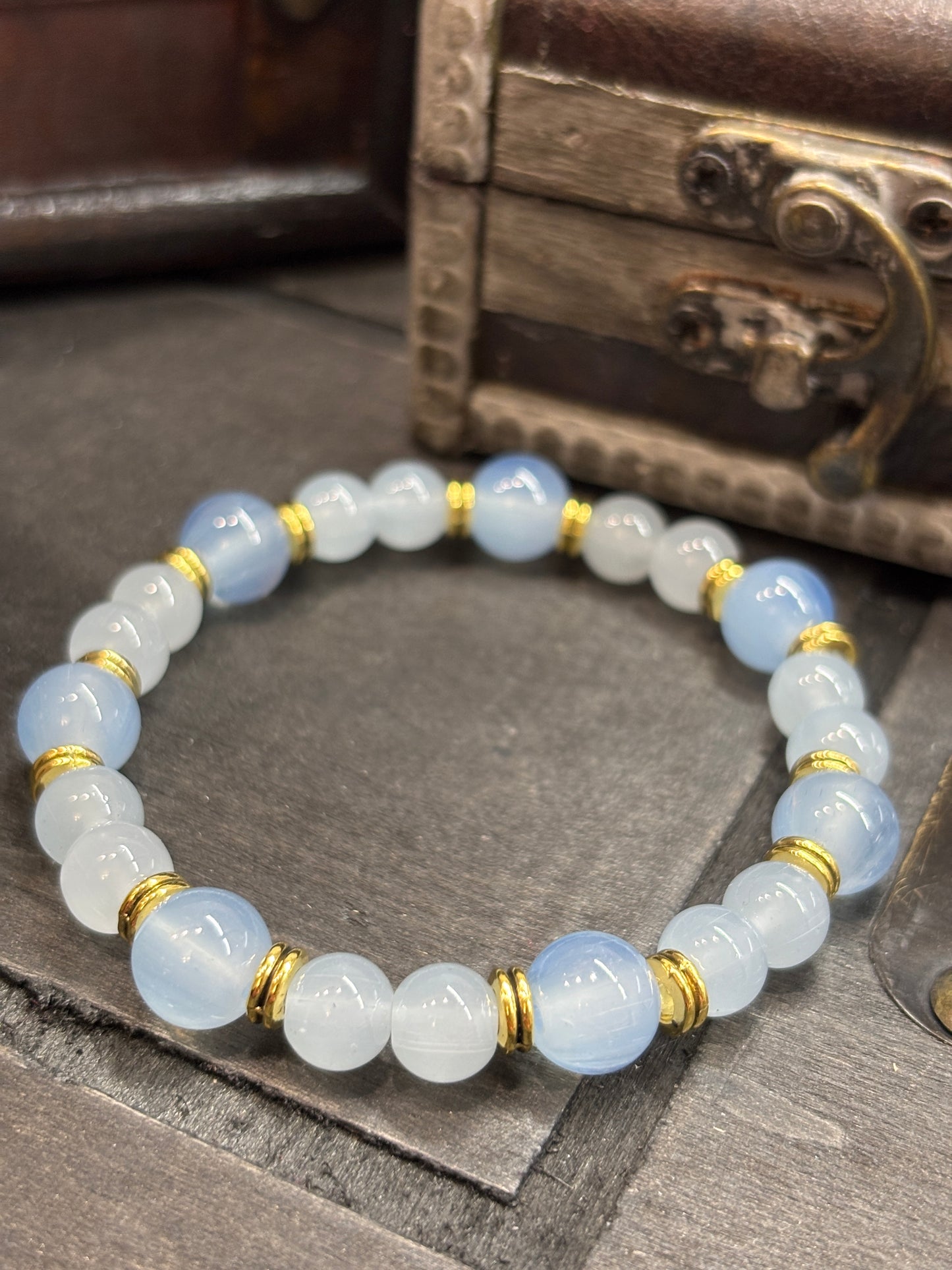 "Golden Blue" - Handmade Glass Beaded Stretch Bracelet