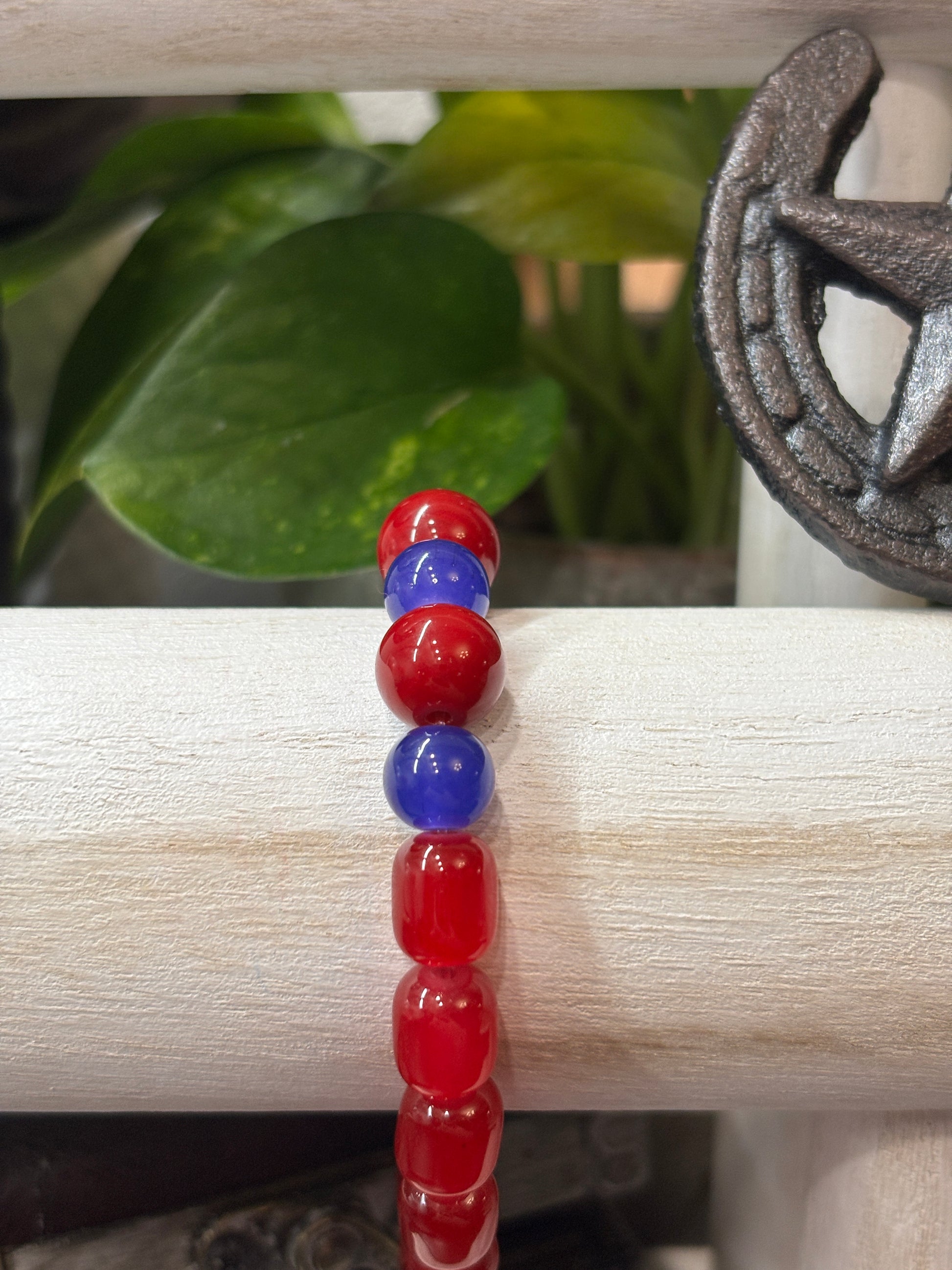 Red & Blue III  Handmade Glass Beaded Stretch Bracelet - 2