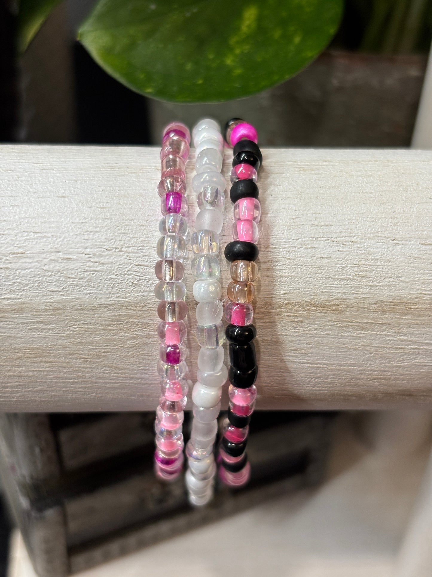 "Blush Edge" - Handmade Seed Bead Stretch Bracelet Set of 3