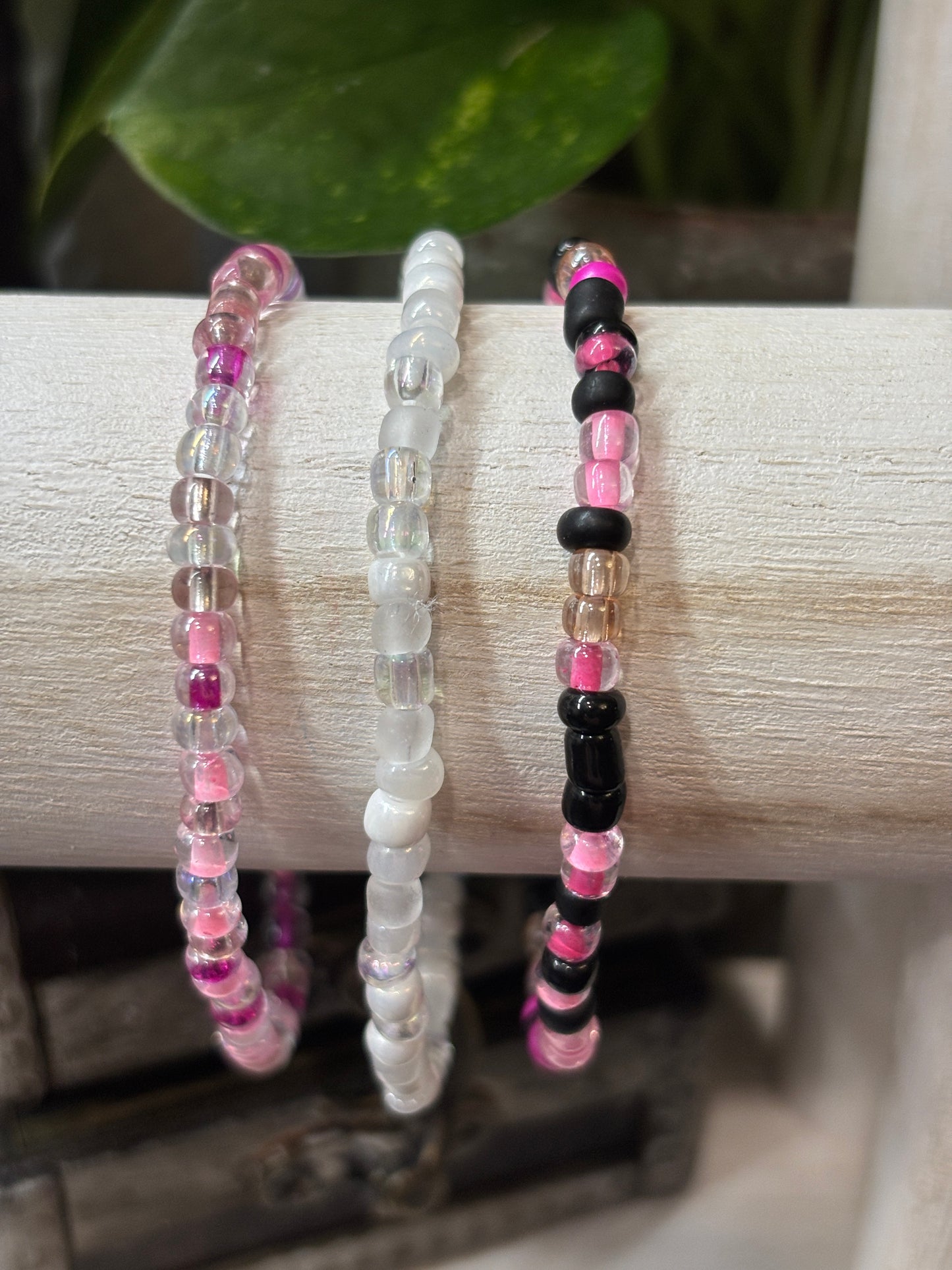 "Blush Edge" - Handmade Seed Bead Stretch Bracelet Set of 3