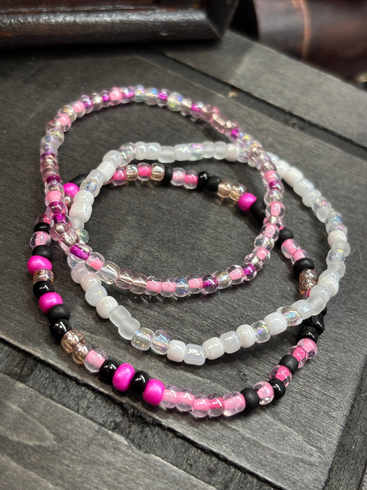 "Blush Edge" - Handmade Seed Bead Stretch Bracelet Set of 3