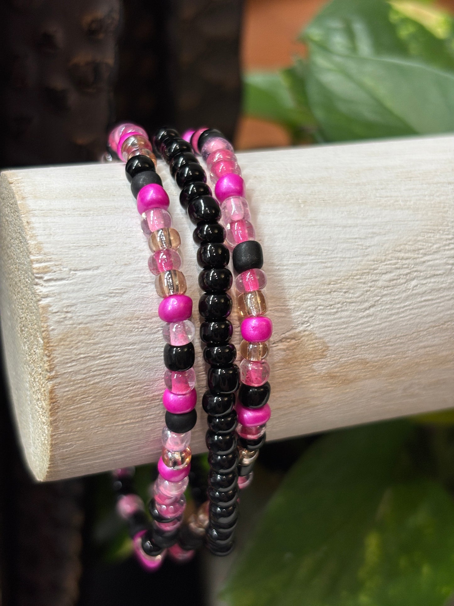 "Pink Venom" - Handmade Seed Bead Stretch Bracelet Set of 3