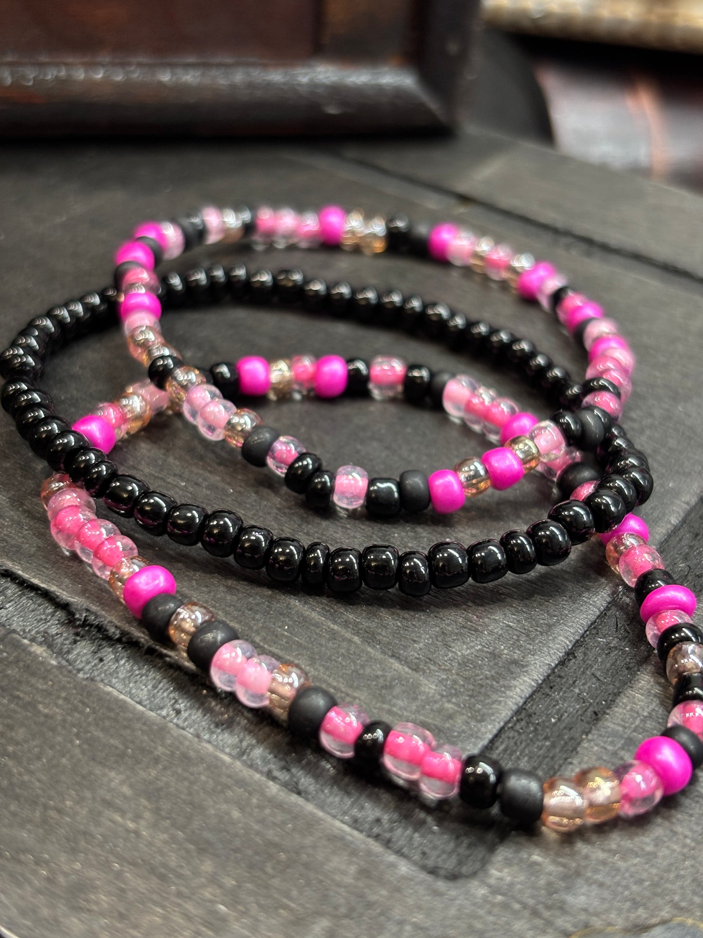 "Pink Venom" - Handmade Seed Bead Stretch Bracelet Set of 3