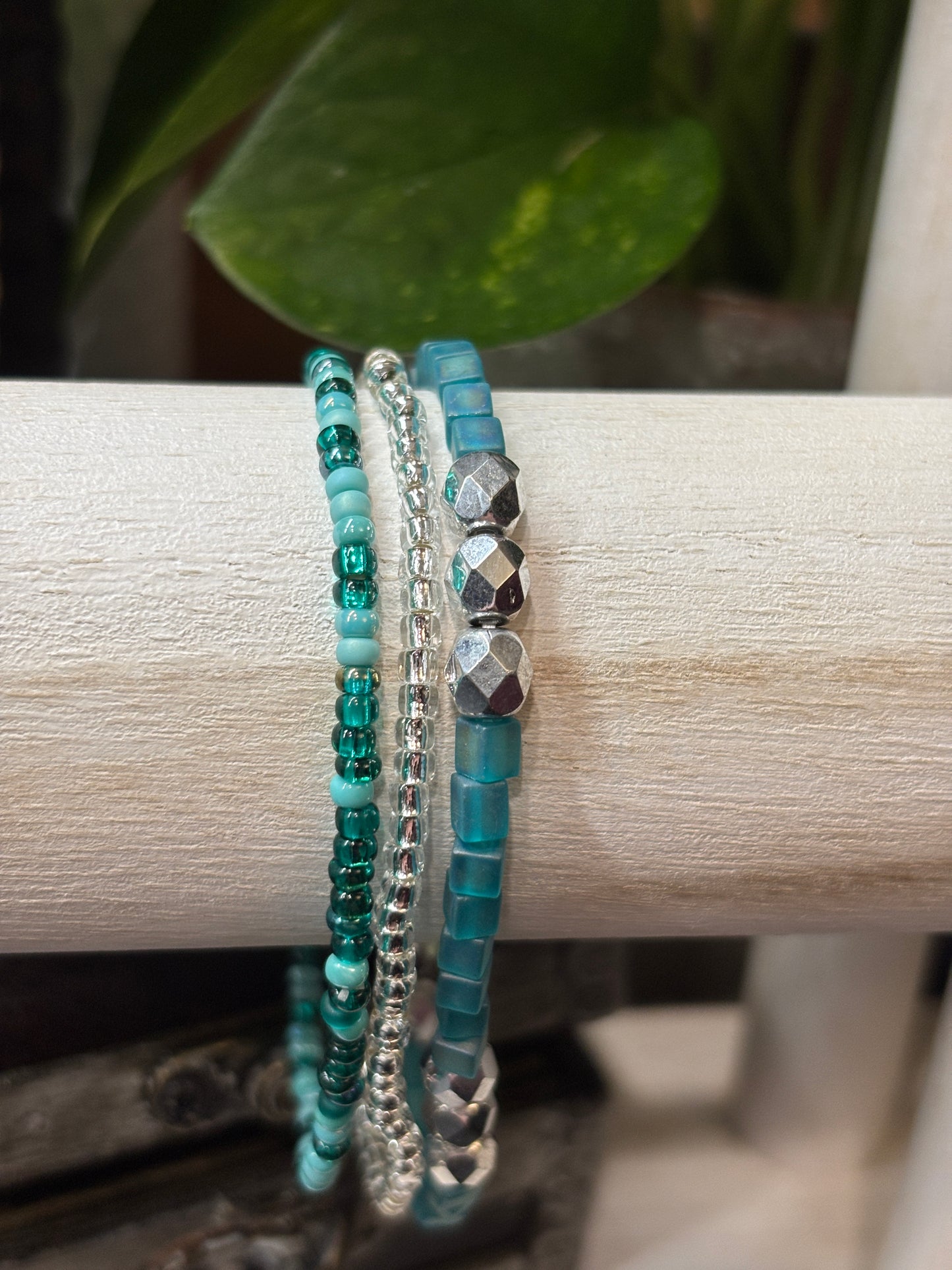 "Bluefern Glow" - Handmade Seed Bead Stretch Bracelet Set of 3