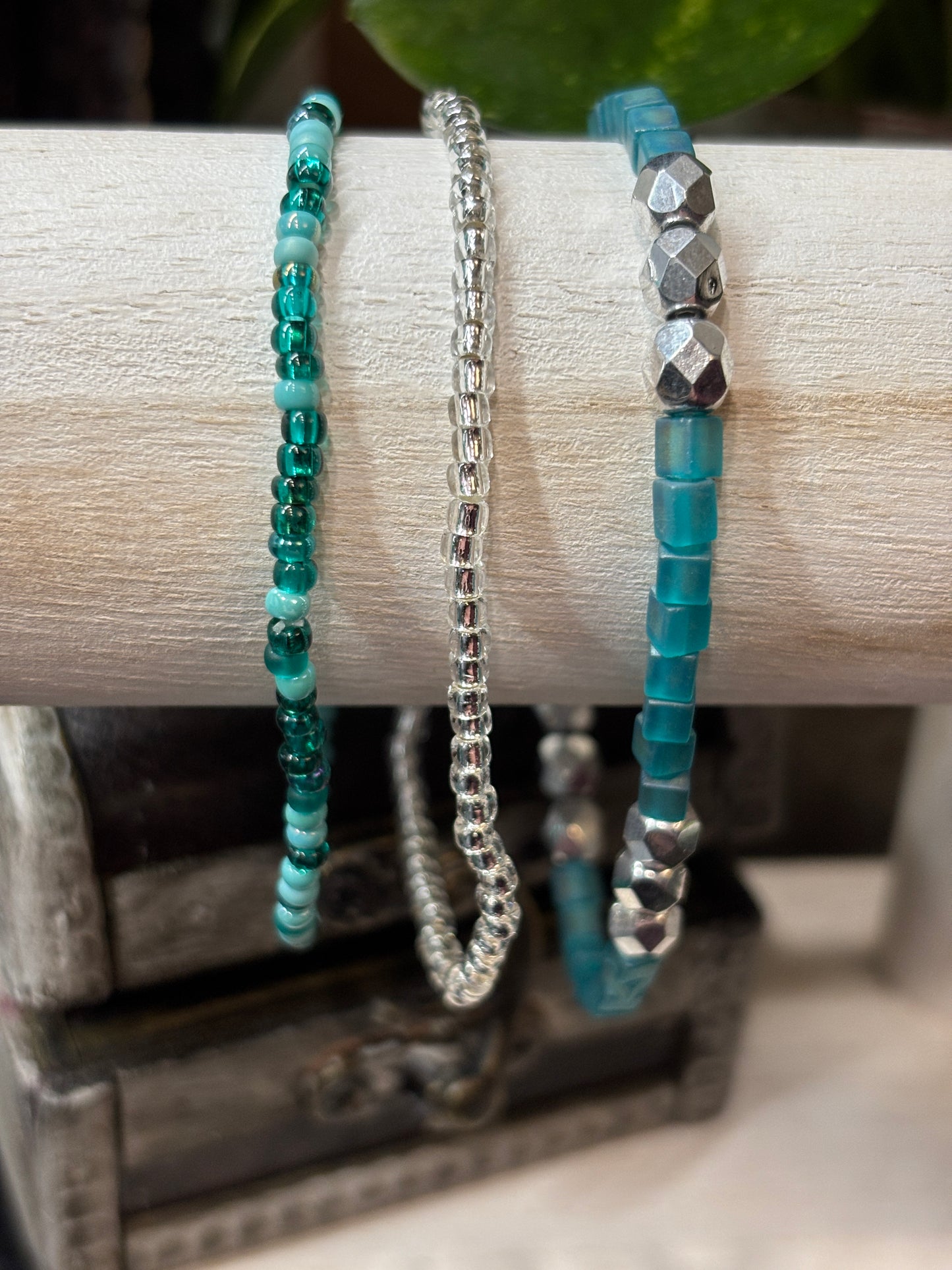 "Bluefern Glow" - Handmade Seed Bead Stretch Bracelet Set of 3