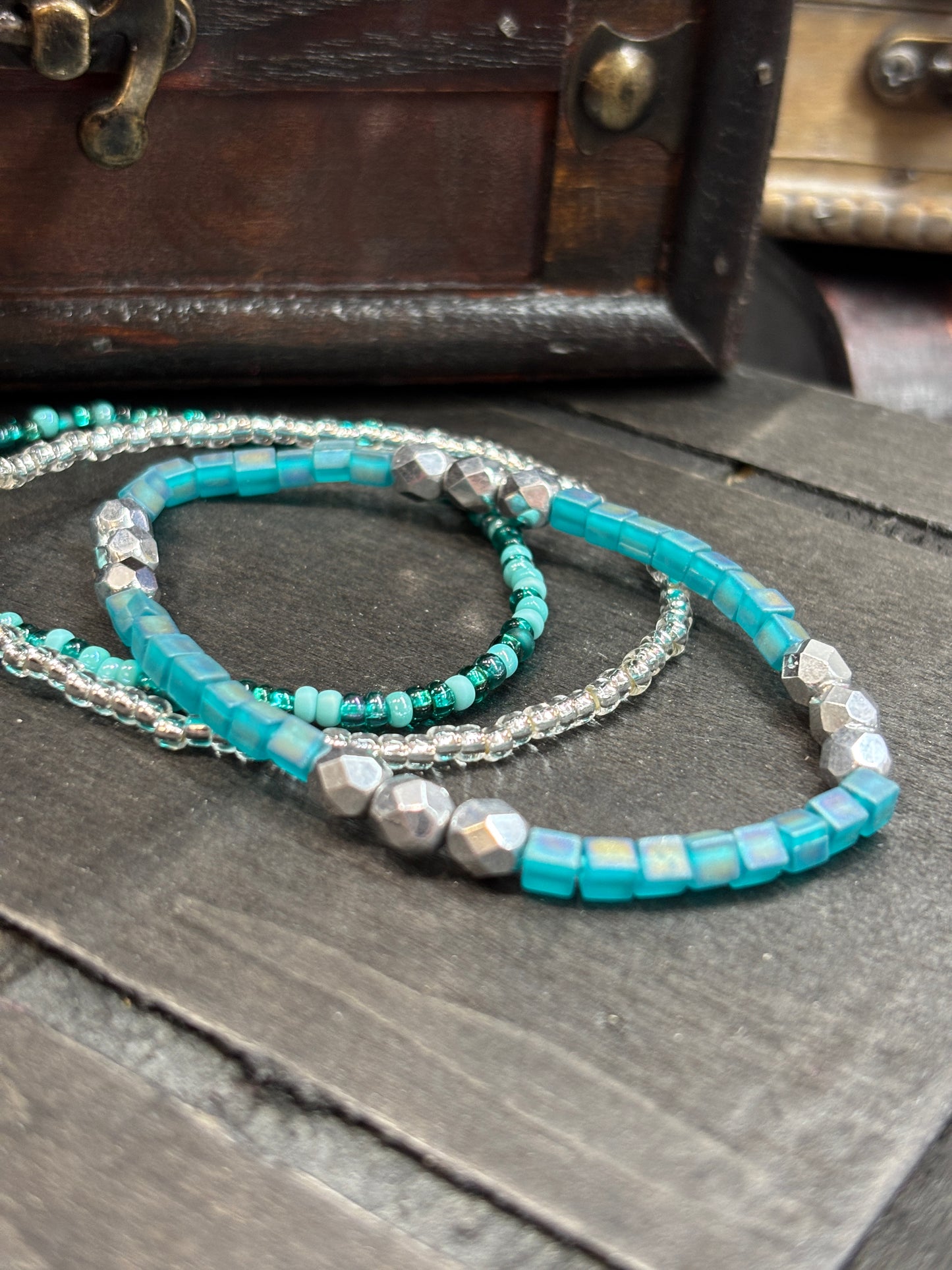 "Bluefern Glow" - Handmade Seed Bead Stretch Bracelet Set of 3