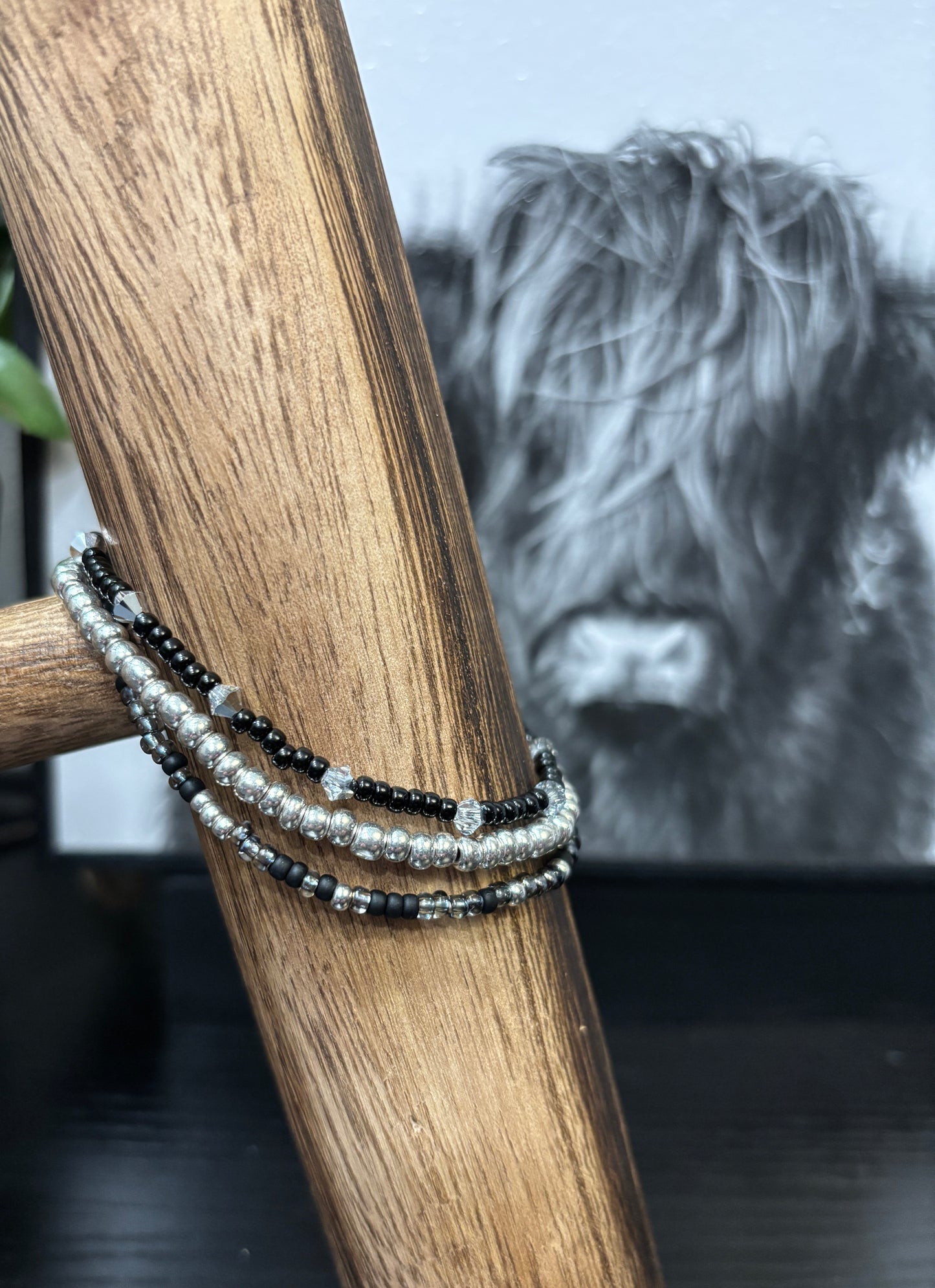 "Onyx Mist" - Handmade Seed Bead Stretch Bracelet Set of 3