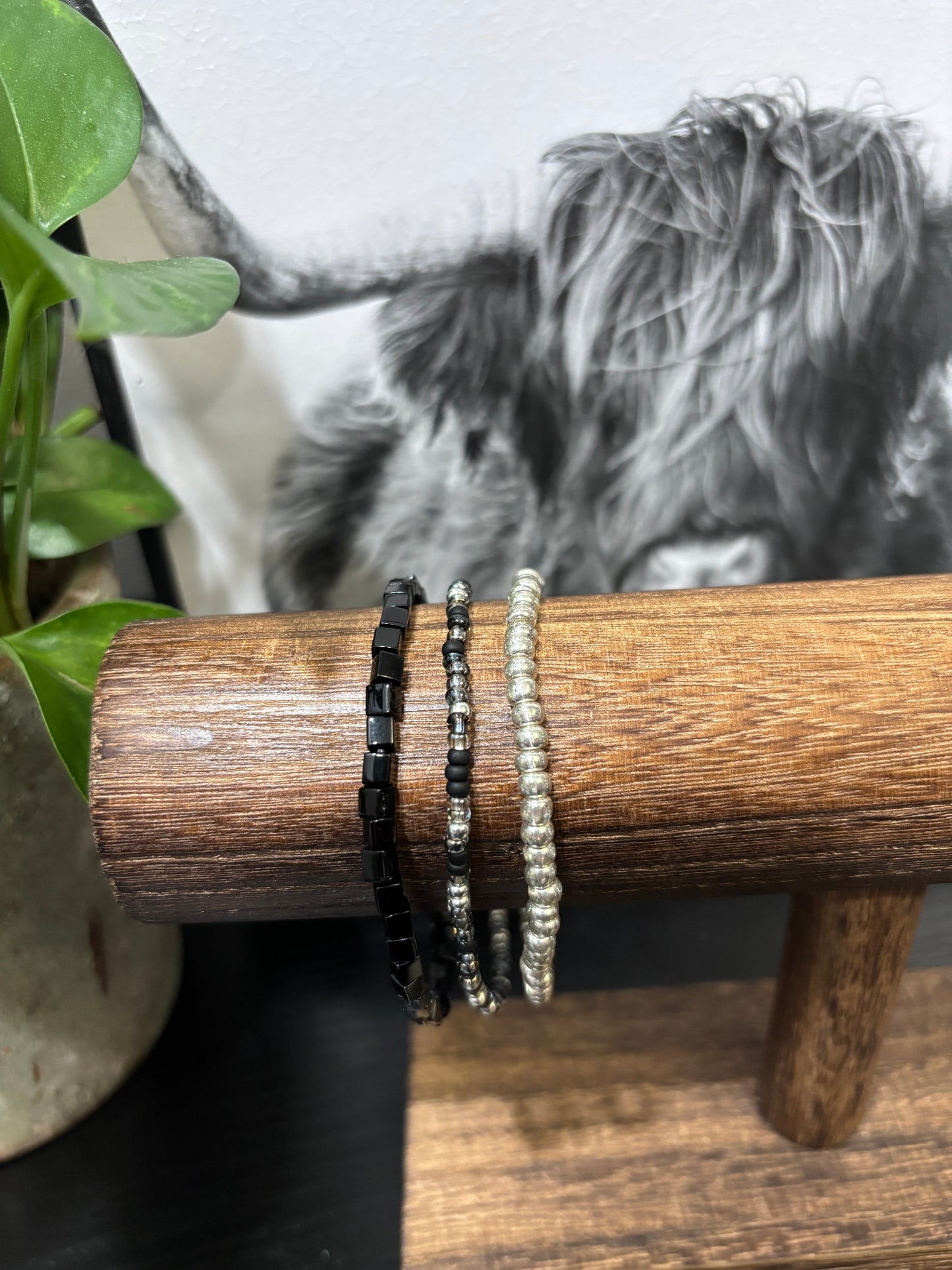 "Carbon Spark" - Handmade Seed Bead Stretch Bracelet Set of 3