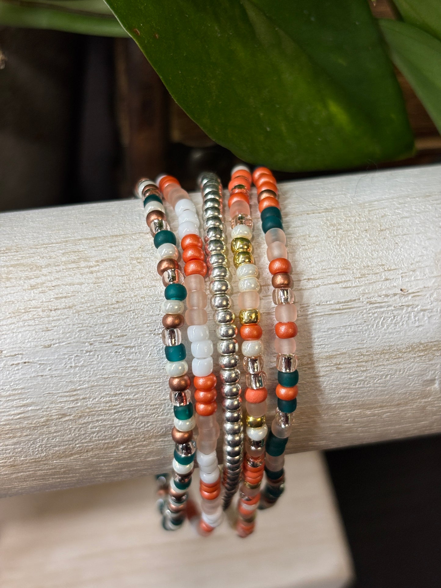 "Sunlight Orchard" - Handmade Seed Bead Stretch Bracelet Set of 5