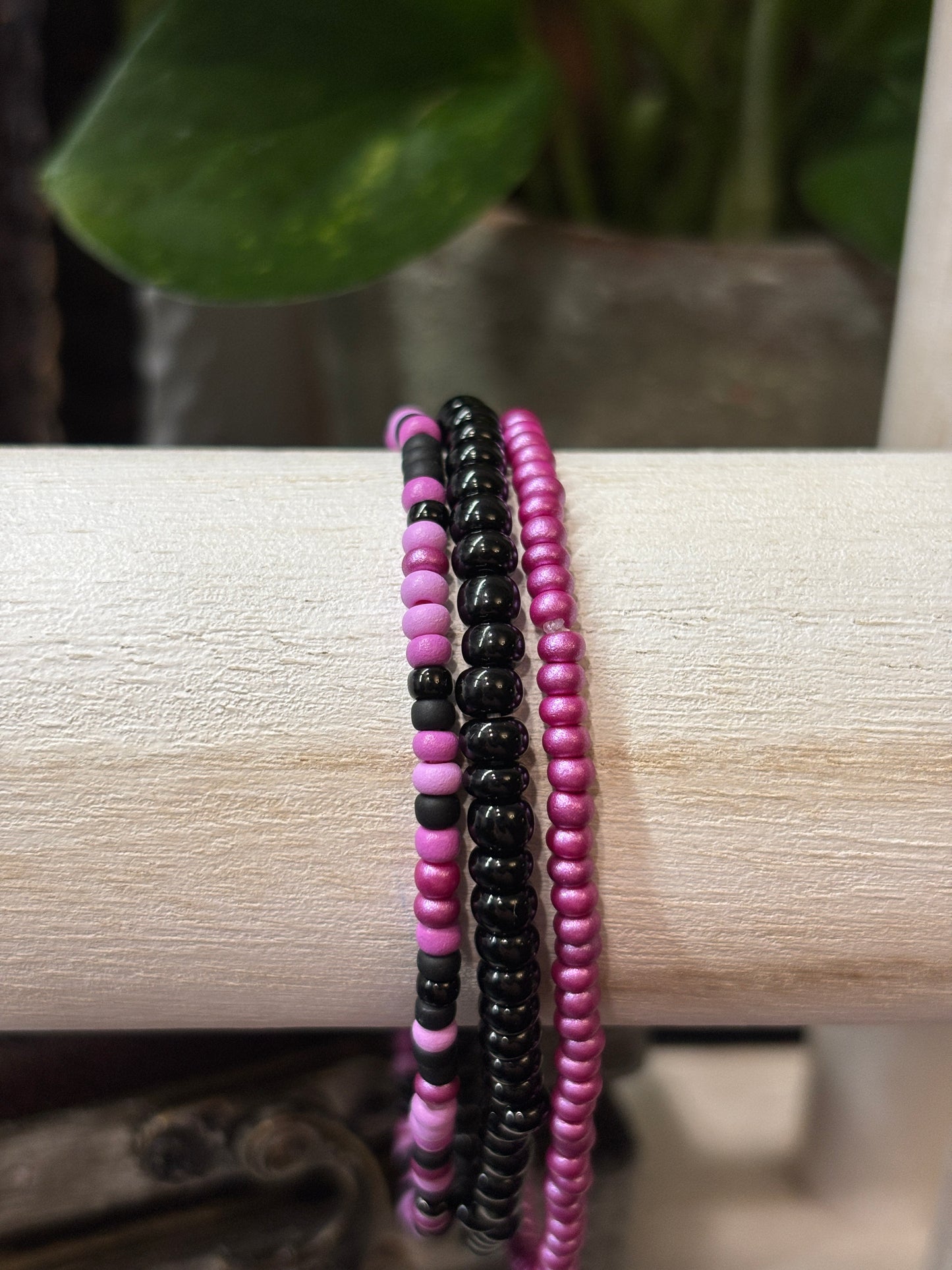 "Ink & Iris" - Handmade Seed Bead Stretch Bracelet Set of 3