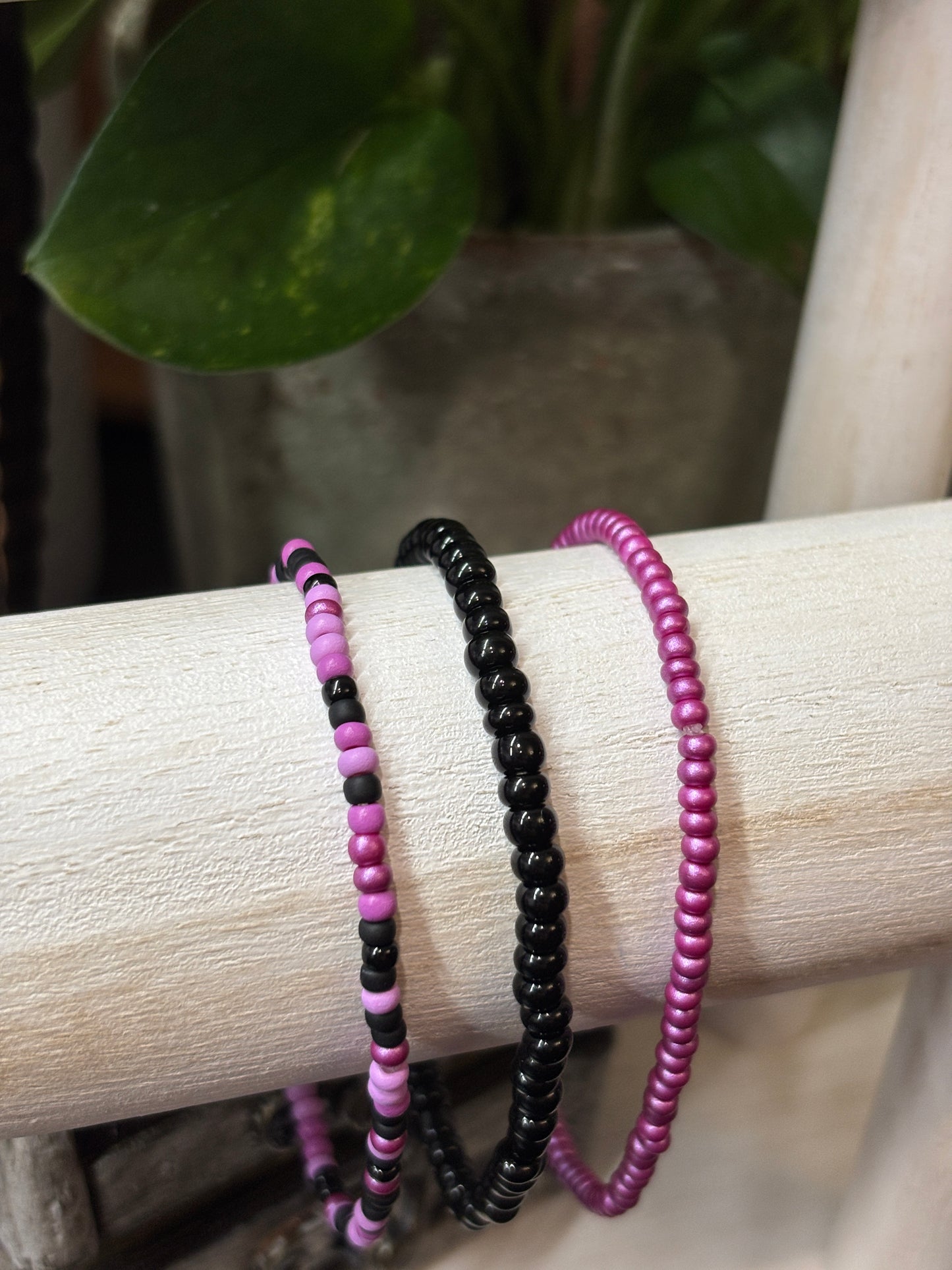 "Ink & Iris" - Handmade Seed Bead Stretch Bracelet Set of 3