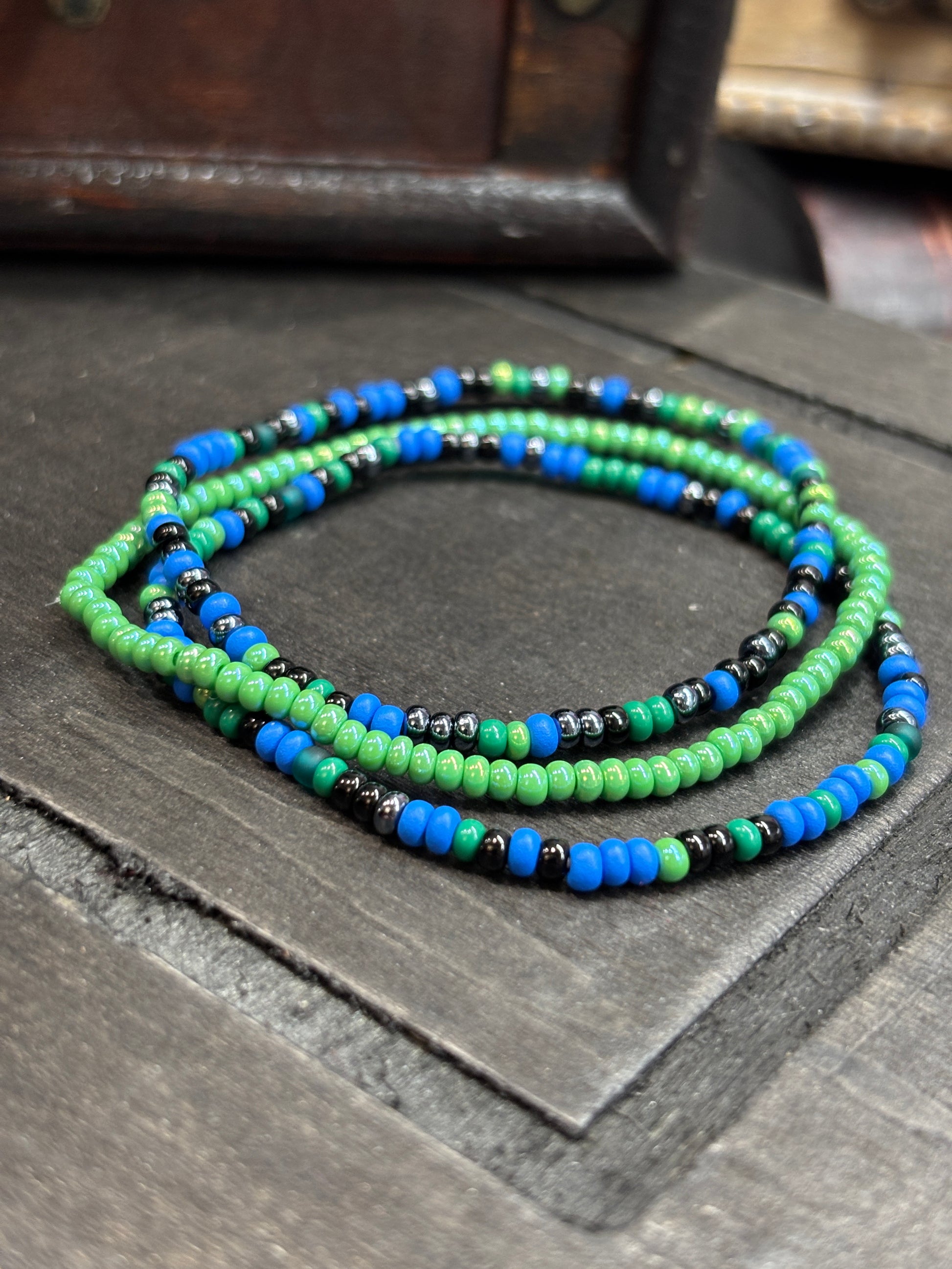 Lagoon Bloom  Handmade Seed Bead Stretch Bracelet Set of 3 - 4