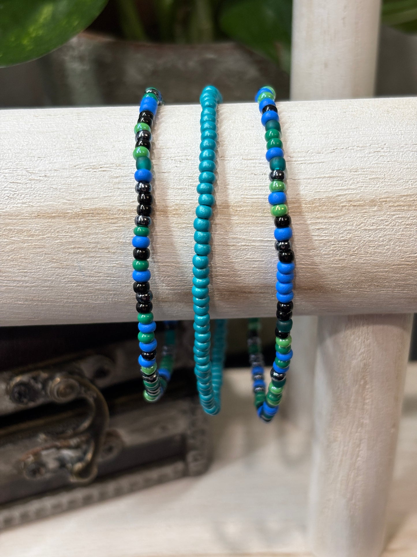 "Aquamarine Moss" - Handmade Seed Bead Stretch Bracelet Set of 3