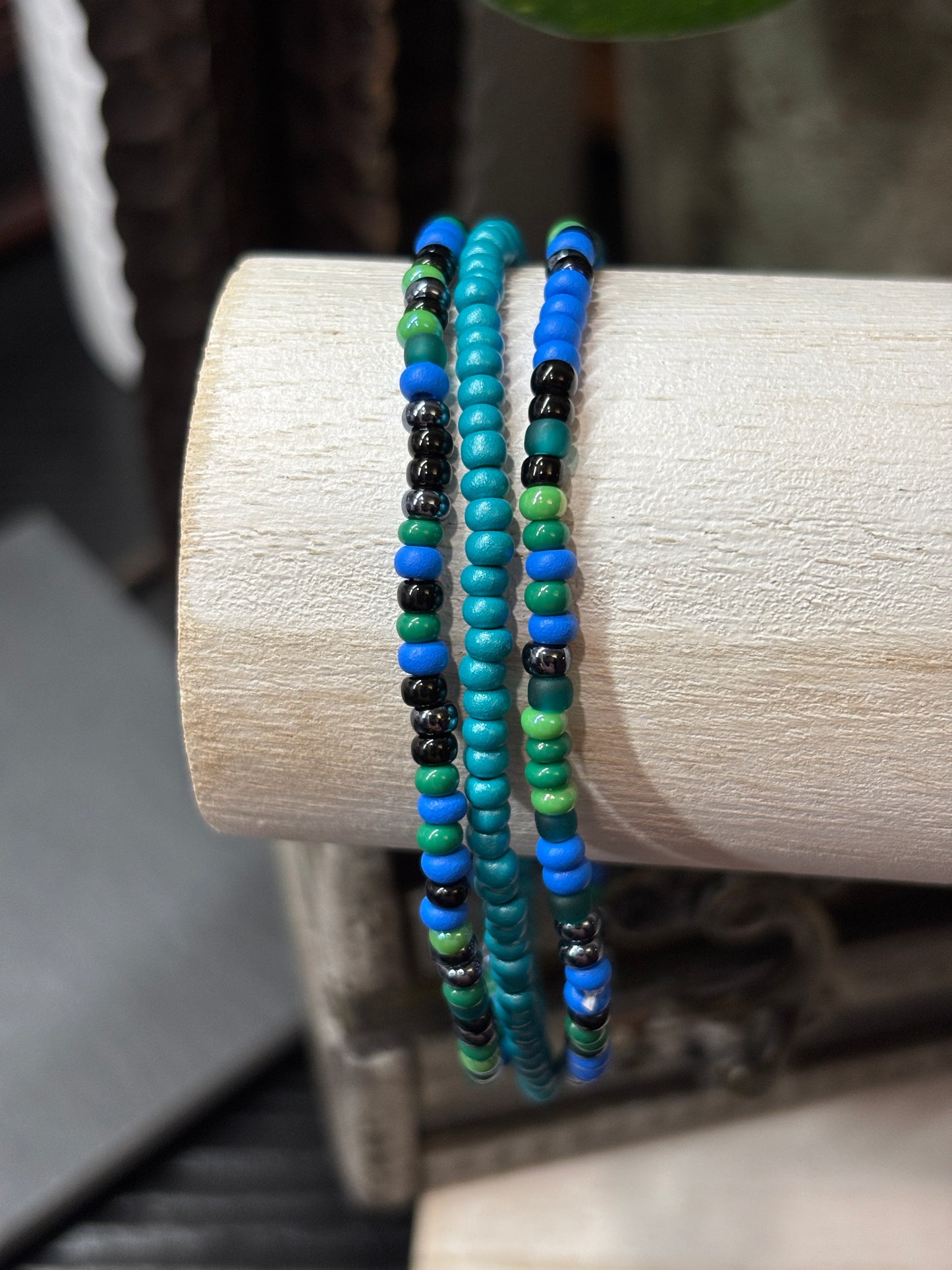 "Aquamarine Moss" - Handmade Seed Bead Stretch Bracelet Set of 3