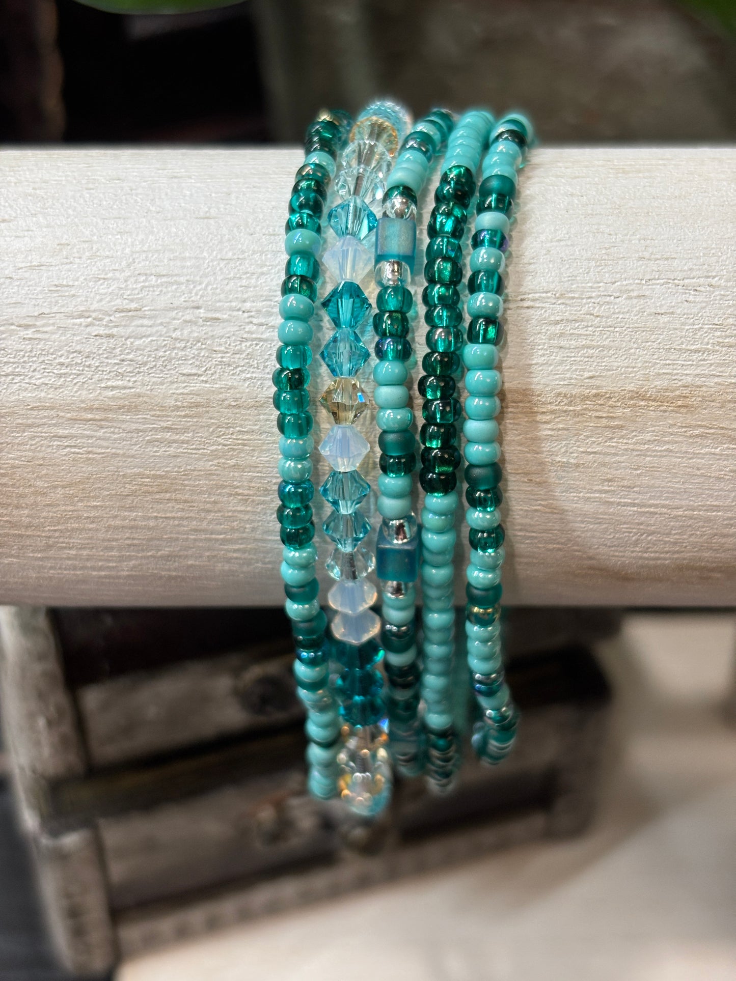 "Cosmic Aqua" - Handmade Seed Bead Stretch Bracelet Set of 5