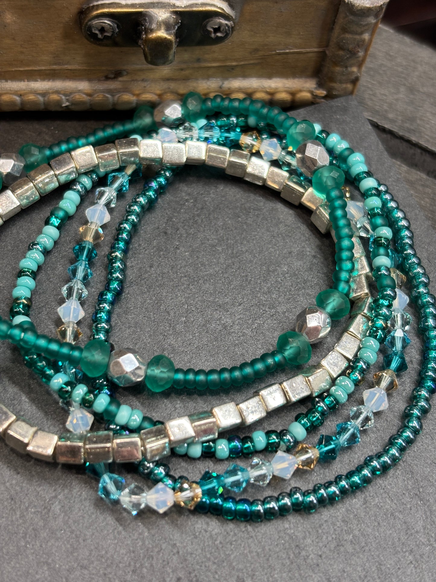 "Glass Lagoon" - Handmade Seed Bead Stretch Bracelet Set of 5