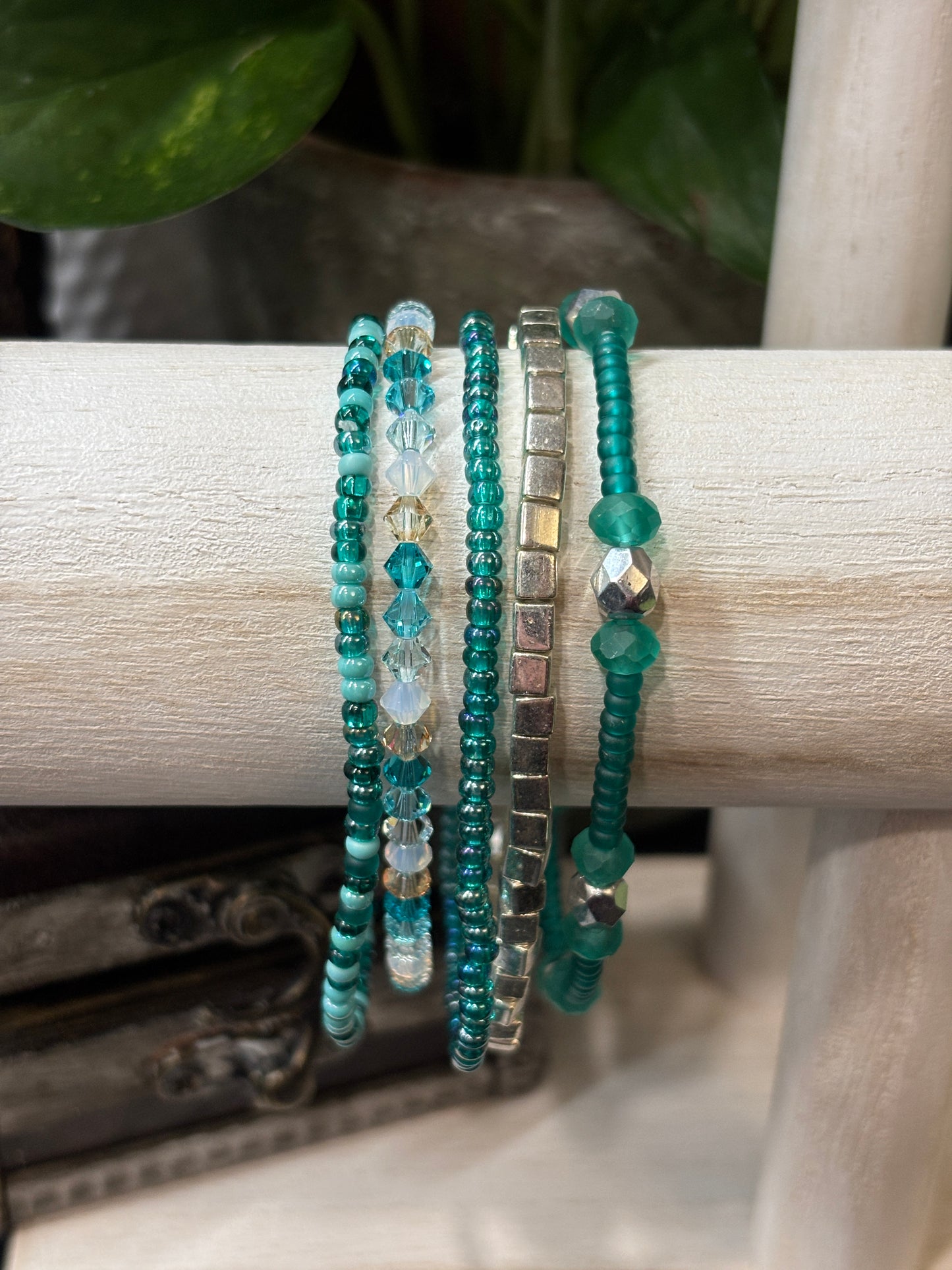 "Glass Lagoon" - Handmade Seed Bead Stretch Bracelet Set of 5