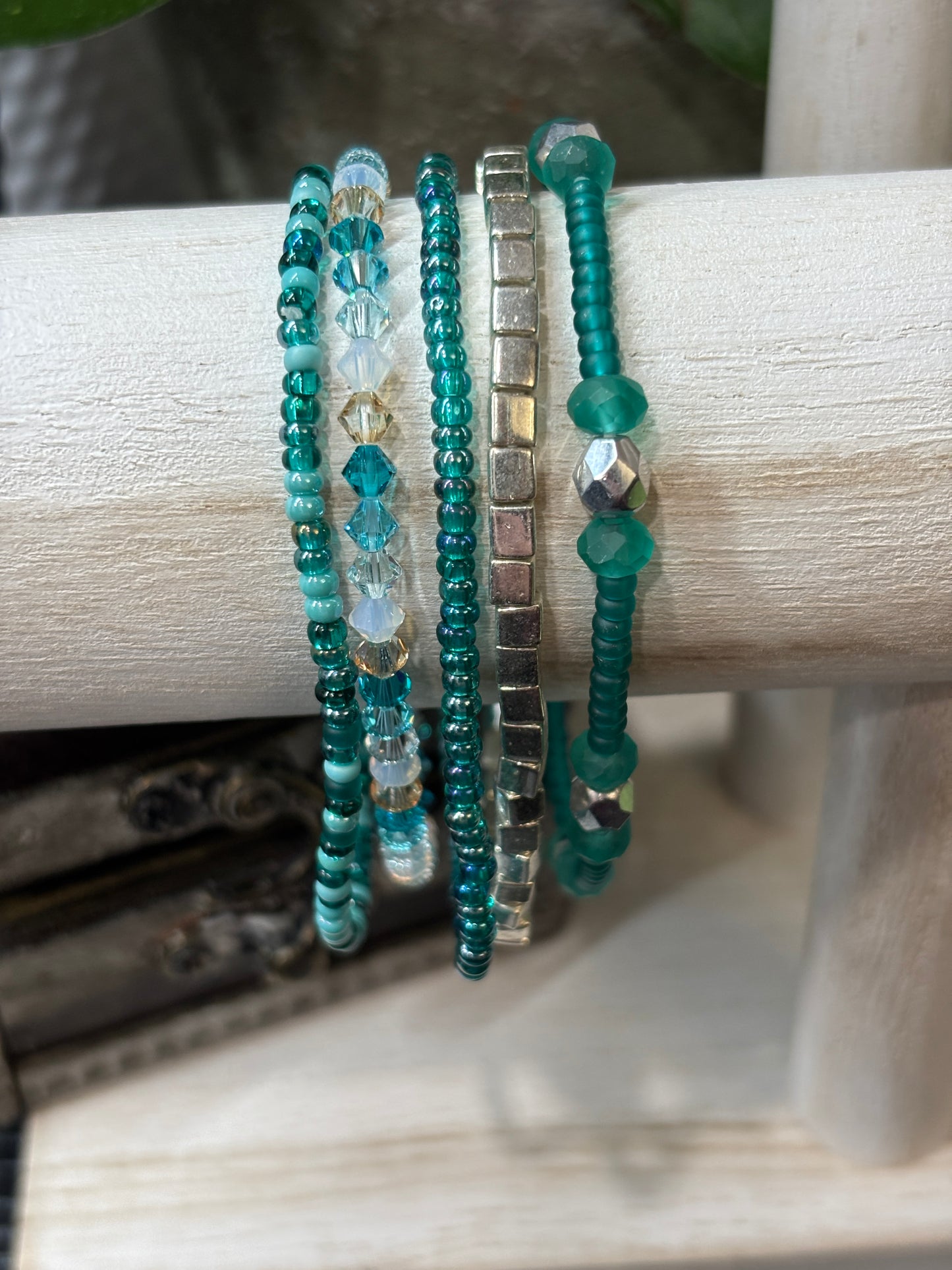 "Glass Lagoon" - Handmade Seed Bead Stretch Bracelet Set of 5