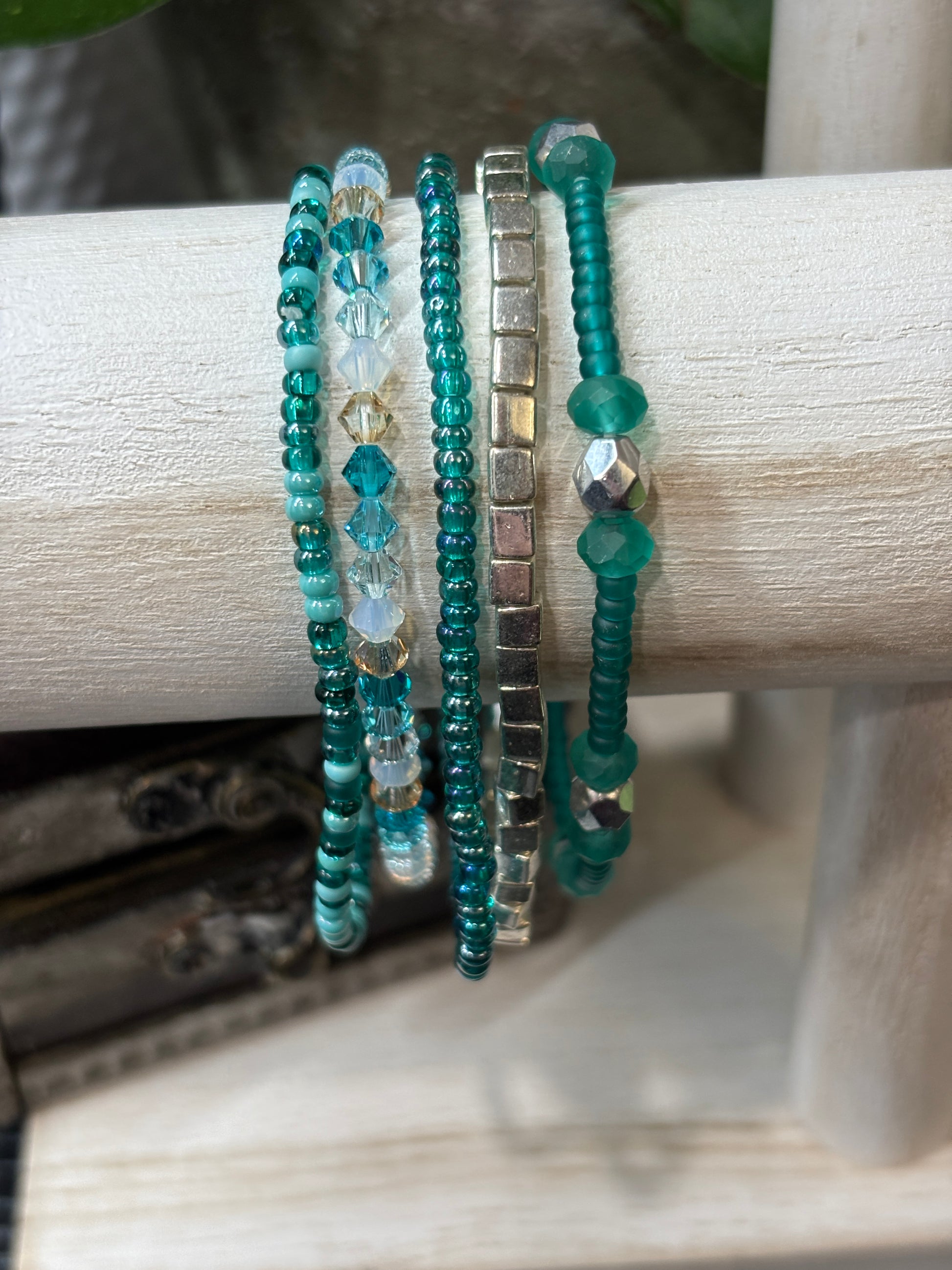 Glass Lagoon  Handmade Seed Bead Stretch Bracelet Set of 5 - 6