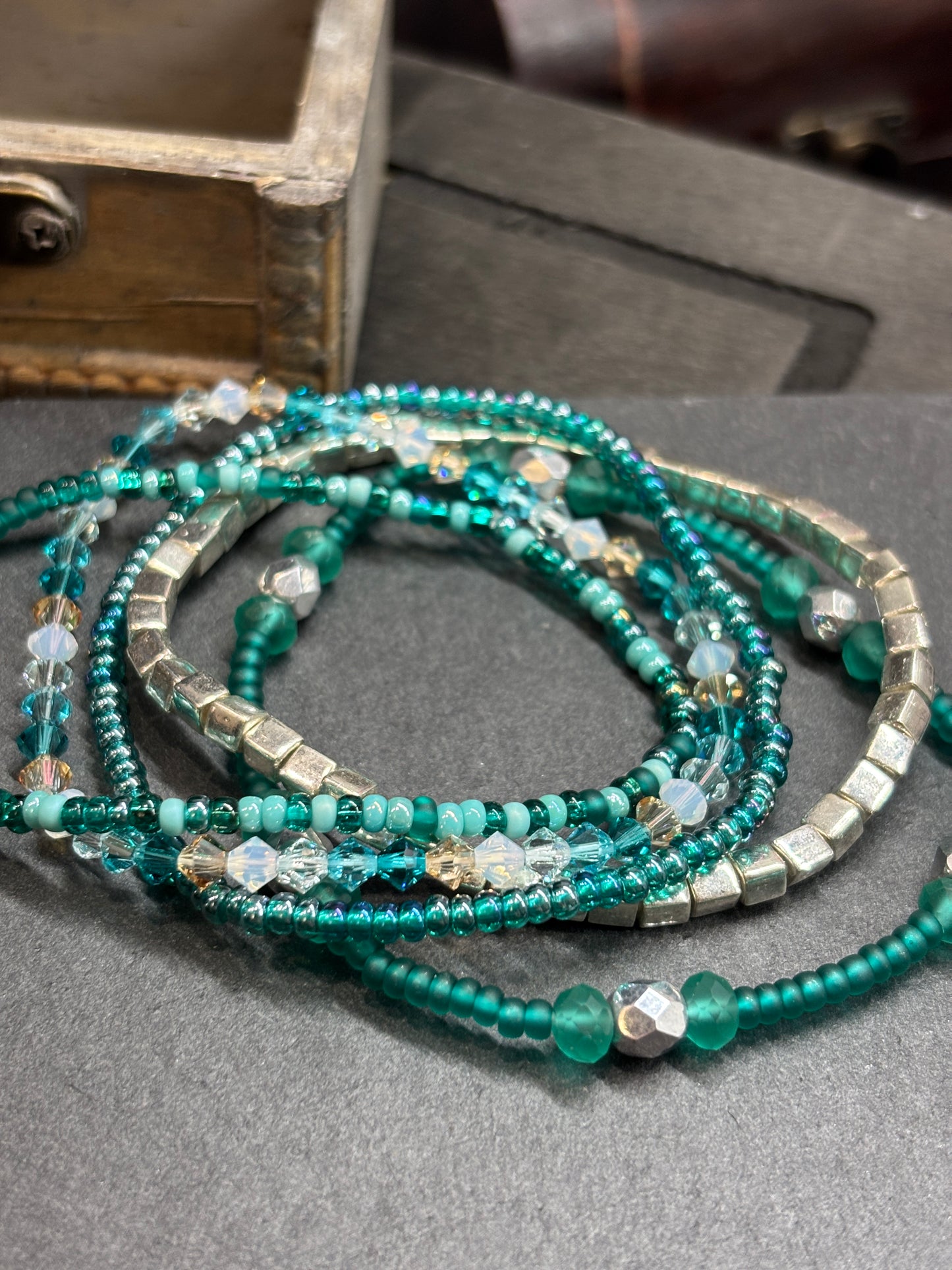 "Glass Lagoon" - Handmade Seed Bead Stretch Bracelet Set of 5