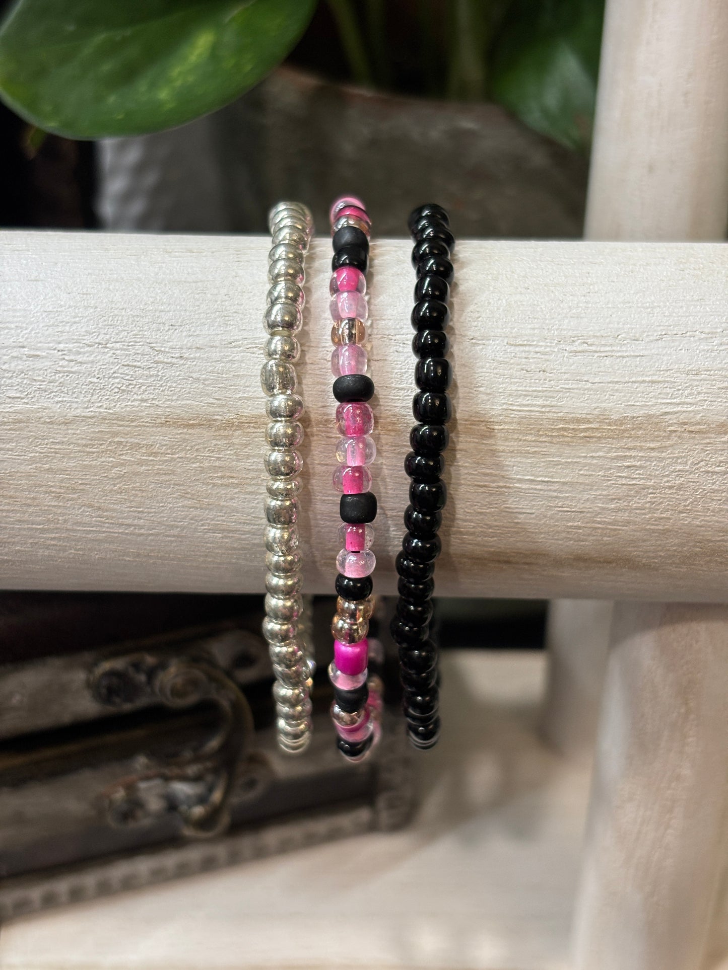 "Crush & Chrome" - Handmade Seed Bead Stretch Bracelet Set of 3