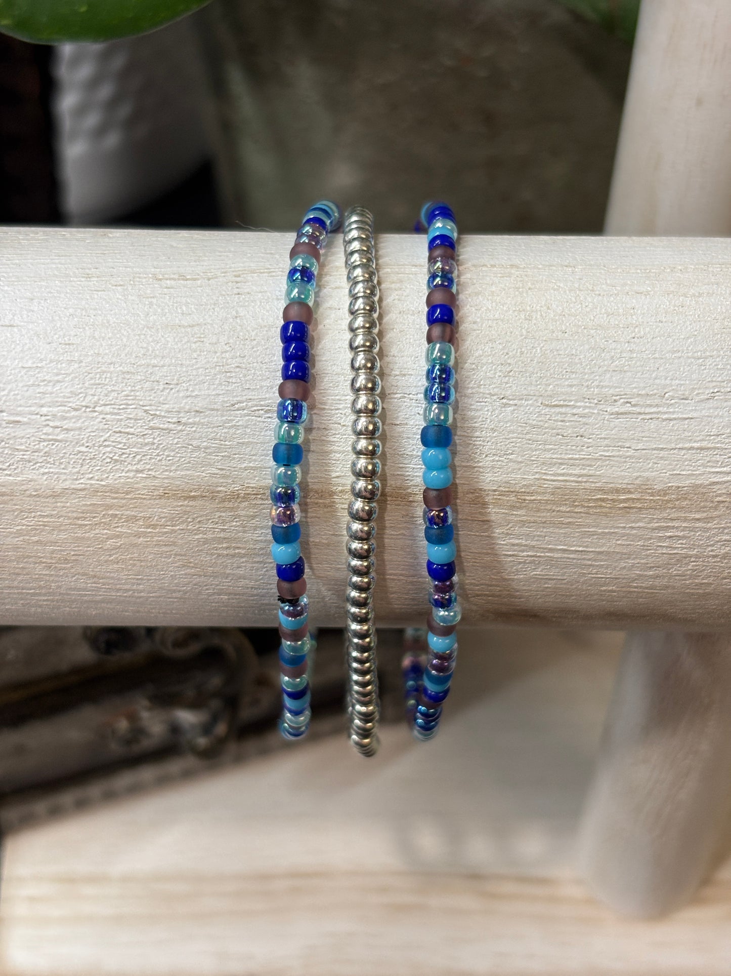 "Steel Sky" - Handmade Seed Bead Stretch Bracelet Set of 3