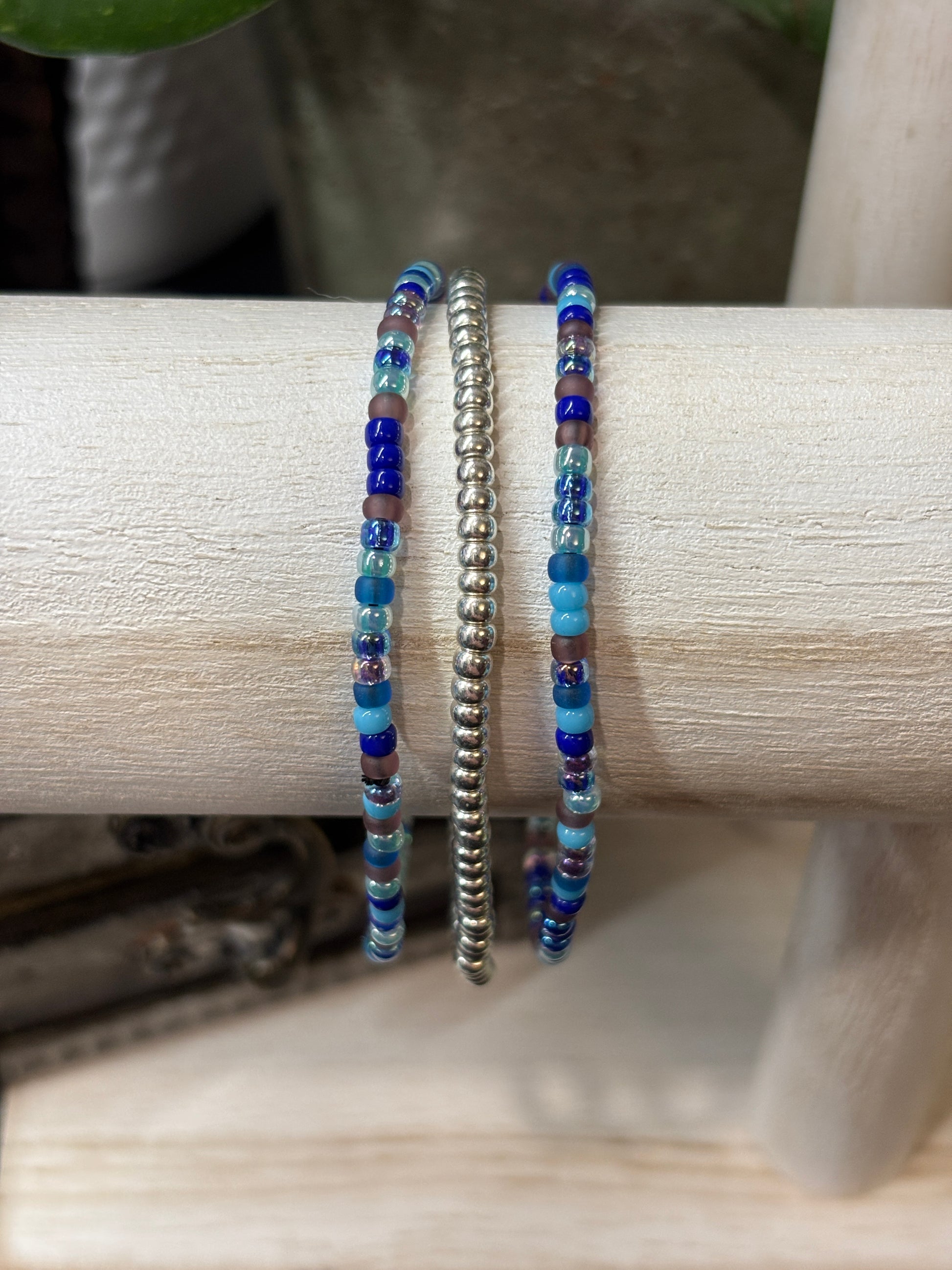 Steel Sky  Handmade Seed Bead Stretch Bracelet Set of 3 - 2