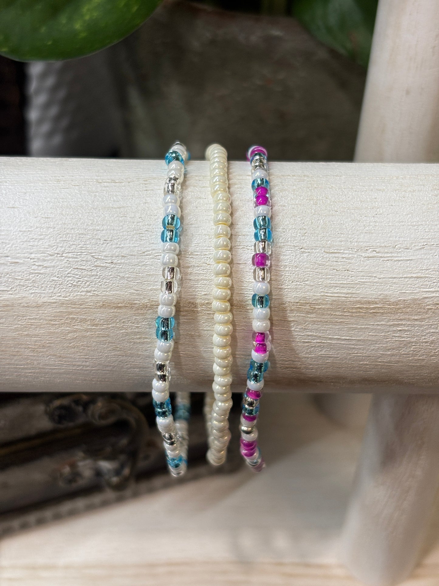 "Twilight Bloom" - Handmade Seed Bead Stretch Bracelet Set of 3