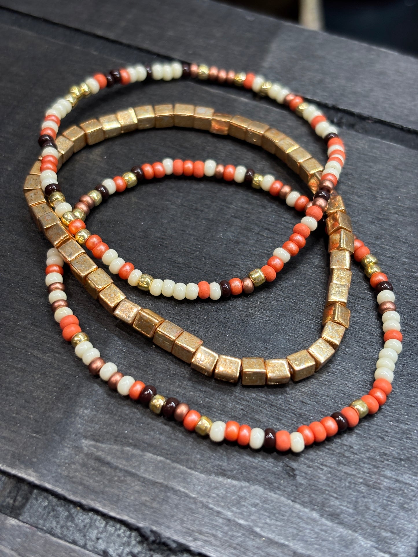"Guilded Dune" - Handmade Seed Bead Stretch Bracelet Set of 3
