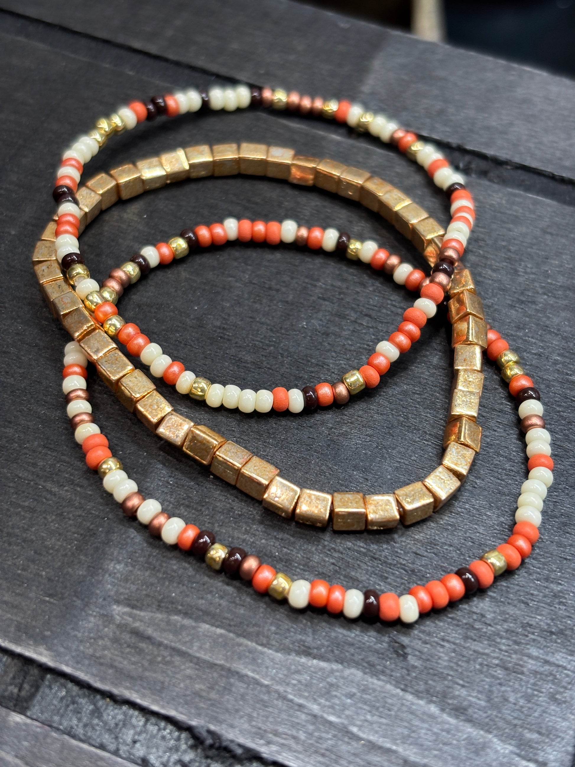 Guilded Dune  Handmade Seed Bead Stretch Bracelet Set of 3 - 2